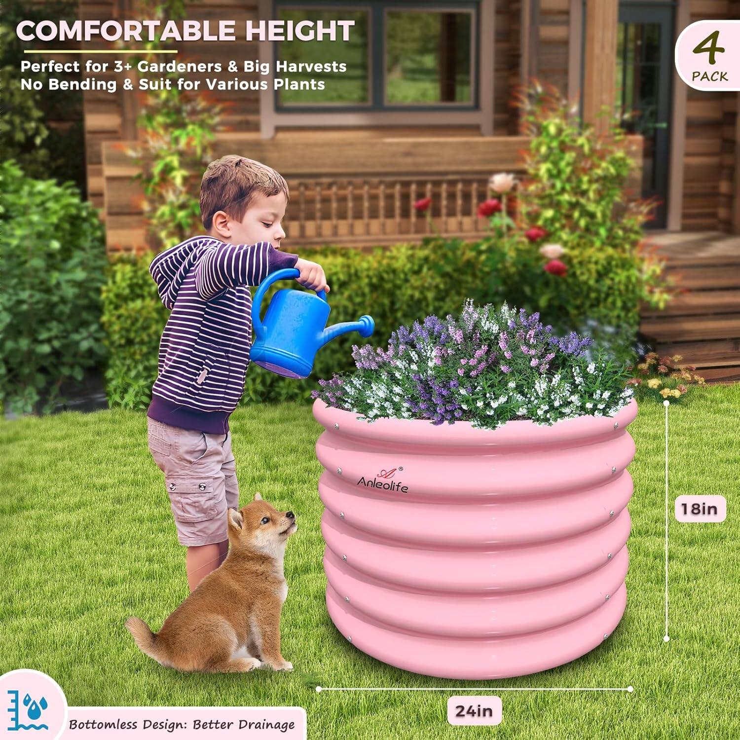 **COMFORTABLE HEIGHT**  
Perfect for 3+ Gardeners & Big Harvests  
No Bending & Suit for Various Plants  

**4 PACK**  

**Bottomless Design: Better Drainage**  

**18in**  
**24in**