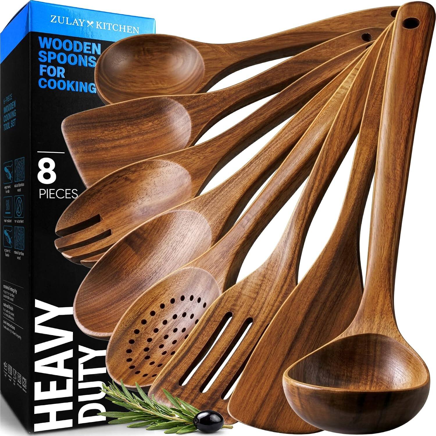 ZULAY X KITCHEN WOODEN SPOONS FOR COOKING SPECE WOODEN COOKING SET 8 PIECES Water aterrards HEAVY DUTY