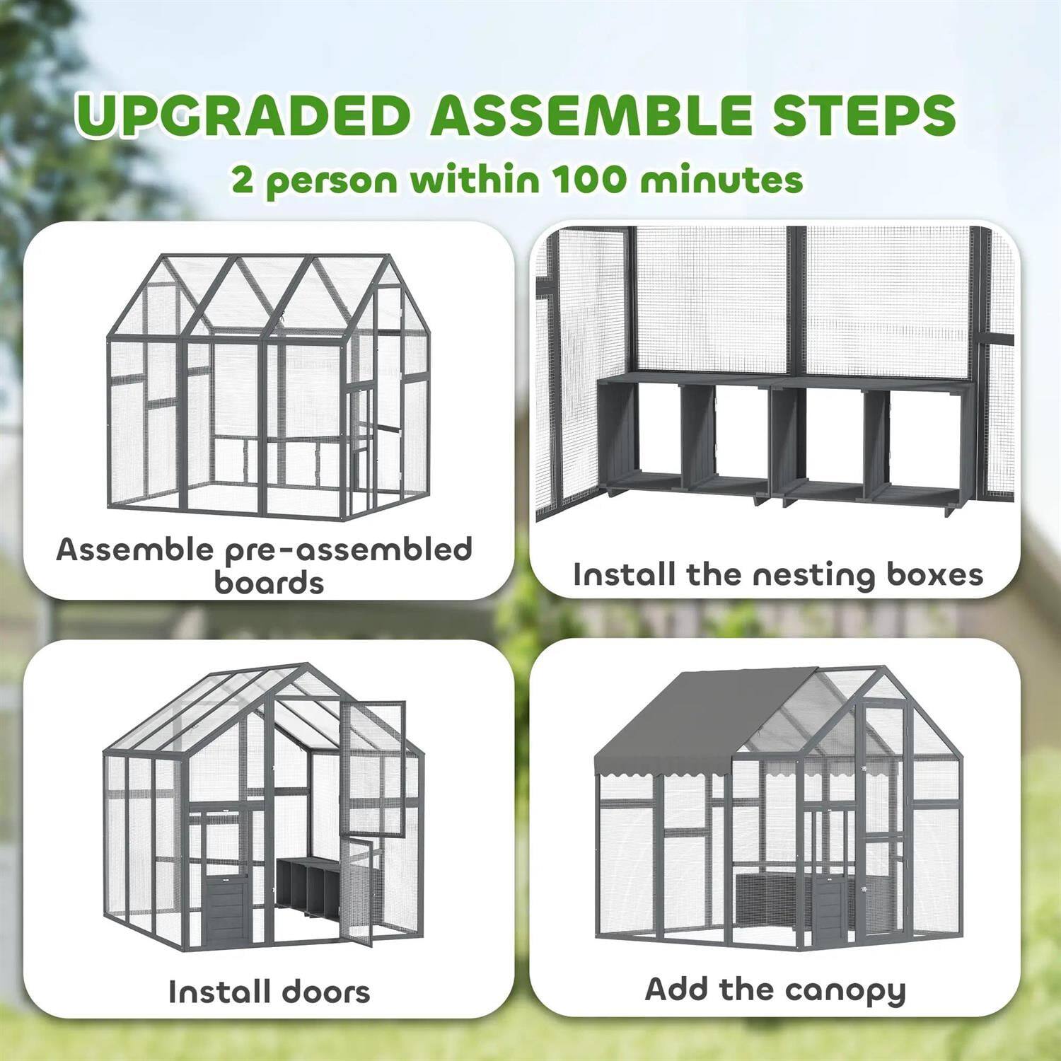 UPGRADED ASSEMBLE STEPS  
2 person within 100 minutes  

1. Assemble pre-assembled boards  
2. Install the nesting boxes  
3. Install doors  
4. Add the canopy