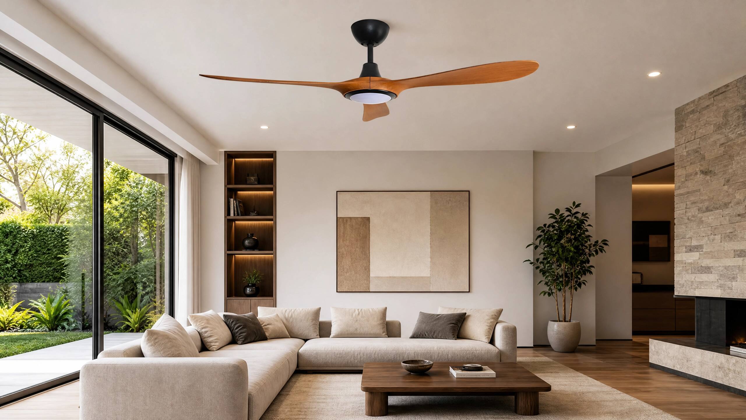 Back. ENLIGHT - 56" Smart Ceiling Fan, IP66 Outdoor & Coastal, CCT & Dimmable LED, Durable, Efficient & Quiet DC Motor, Matter, 3 Blades - Teak Woodgrain.