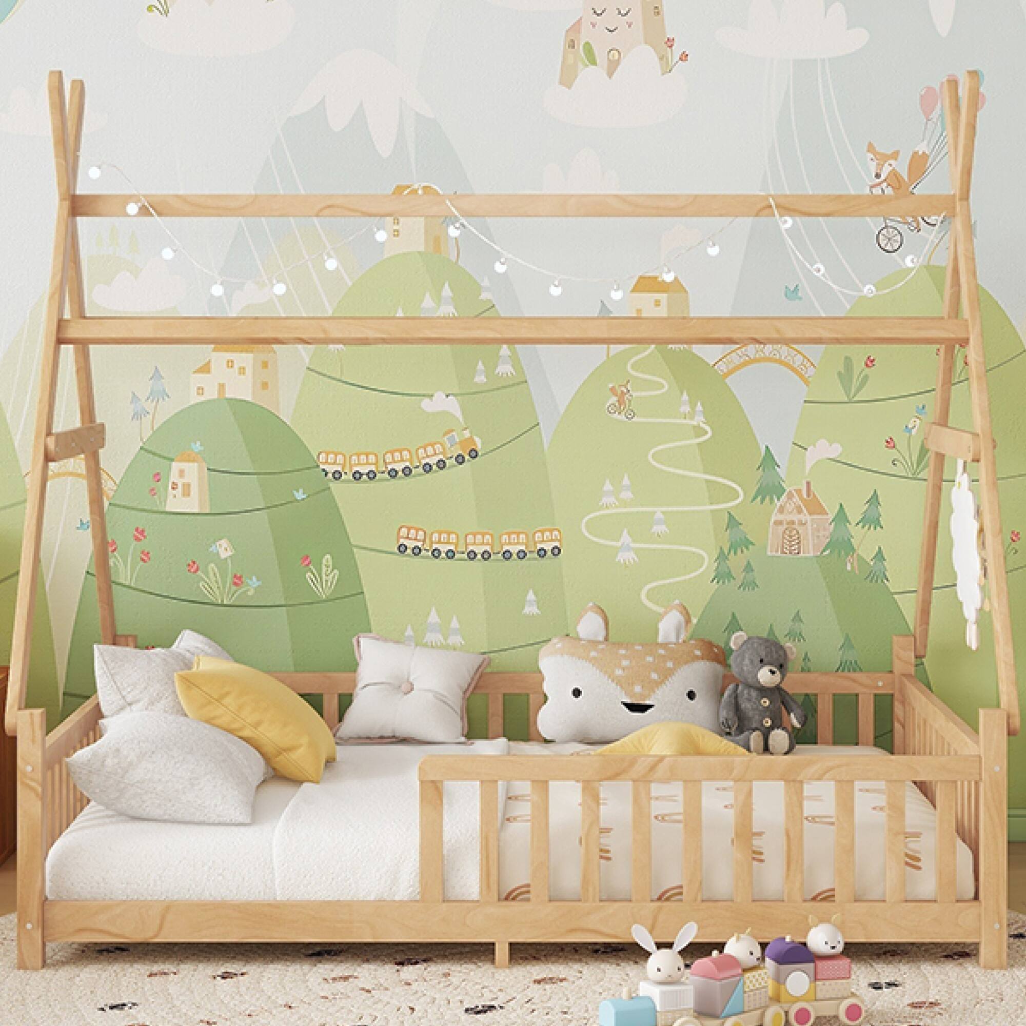 Alt View 4. GOODSILO - Full Size Low Profile House Frame Bed with Detachable Roof and LED Light Kit for Children's Bedroom - Natural.