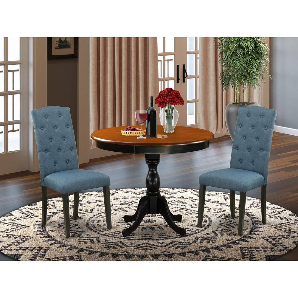 Angle. East West Furniture - East West Furniture 3-Pc Dining Room Set Consists of a Dinette Table and 2 Blue Linen Fabric Mid Century Dining Chairs - Multi-Color.