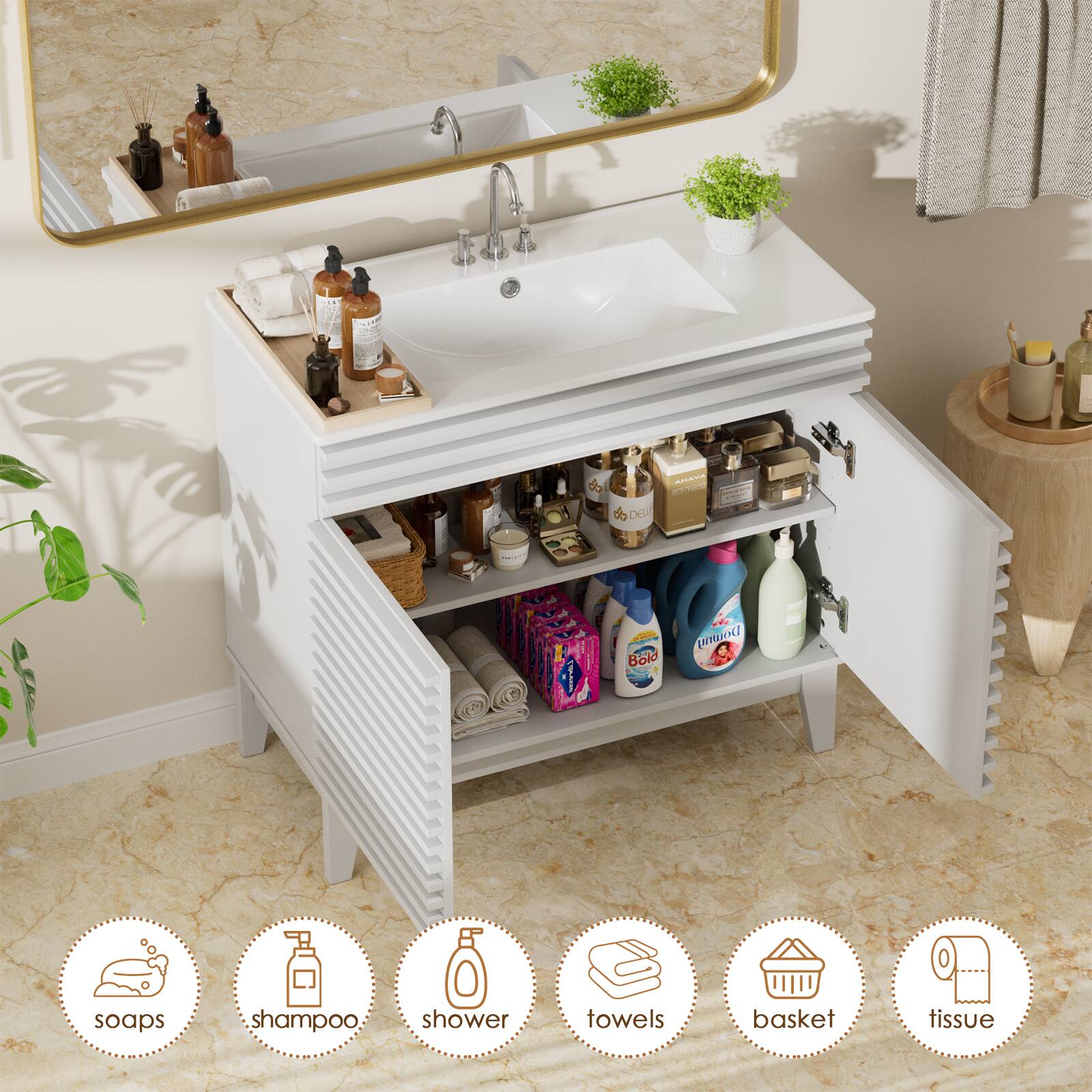 soaps, shampoo, shower, towels, basket, tissue