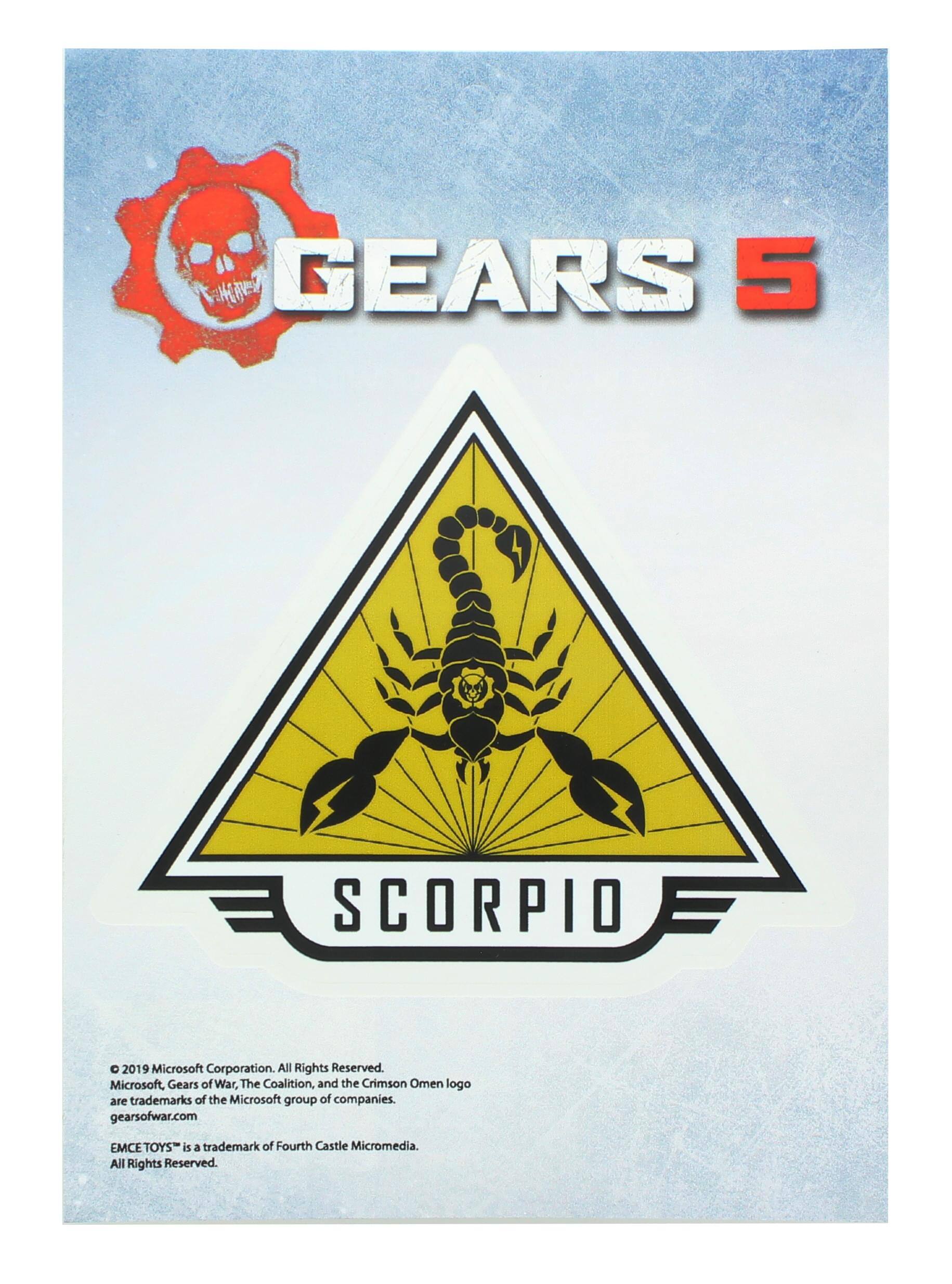 Gears 5  
Scorpio E

© 2019 Microsoft Corporation. All Rights Reserved.  
Microsoft, Gears of War, The Coalition, and the Crimson Omen logo are trademarks of the Microsoft group of companies.  
gears of war.com

EMCETOYS is a trademark of Fourth Castle Micromedia. All Rights Reserved.