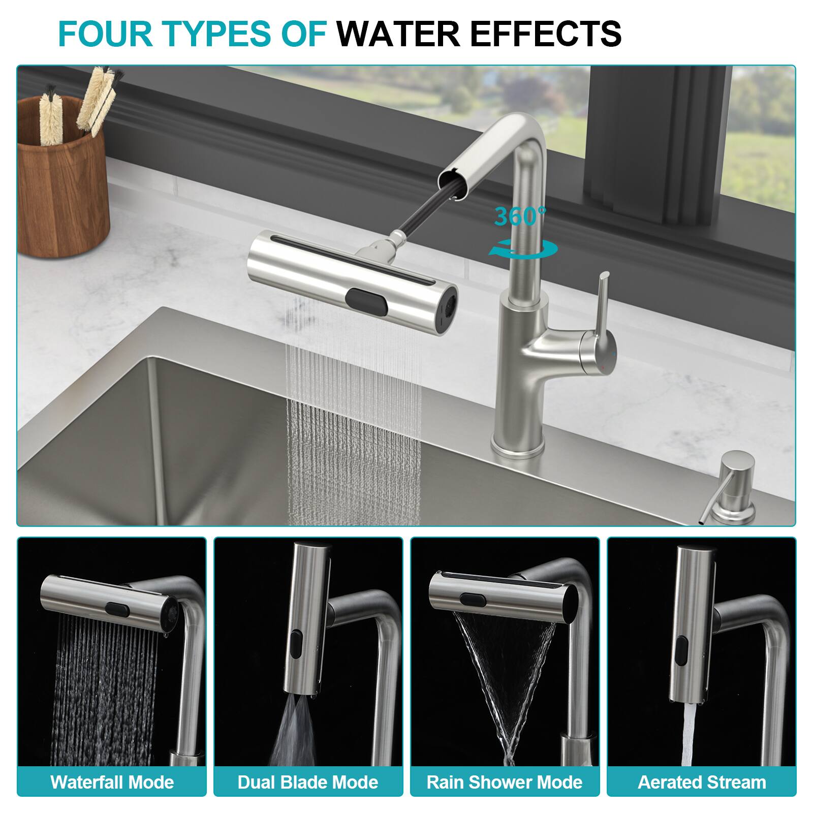 FOUR TYPES OF WATER EFFECTS

- Waterfall Mode
- Dual Blade Mode
- Rain Shower Mode
- Aerated Stream