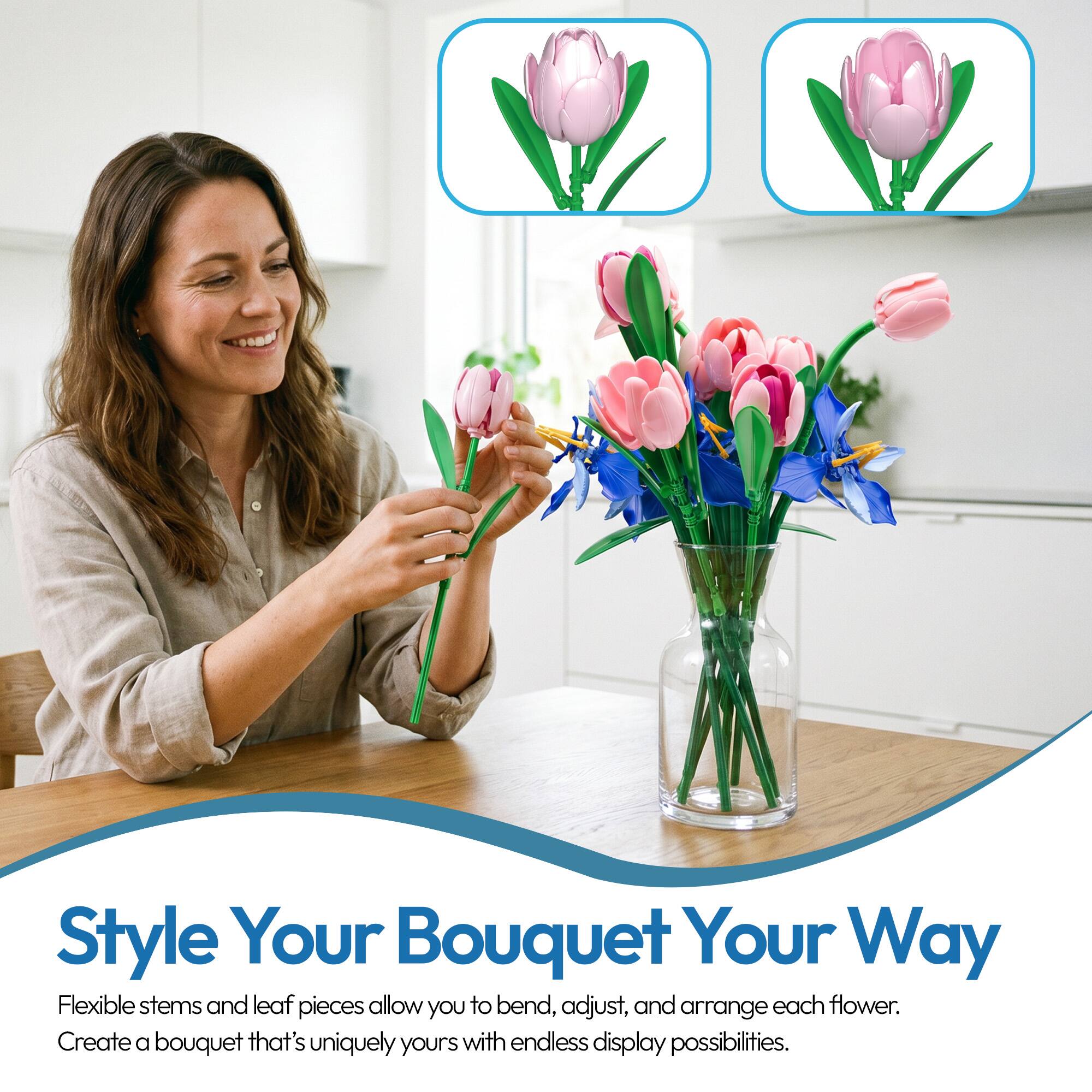 Style Your Bouquet Your Way

Flexible stems and leaf pieces allow you to bend, adjust, and arrange each flower. Create a bouquet that's uniquely yours with endless display possibilities.