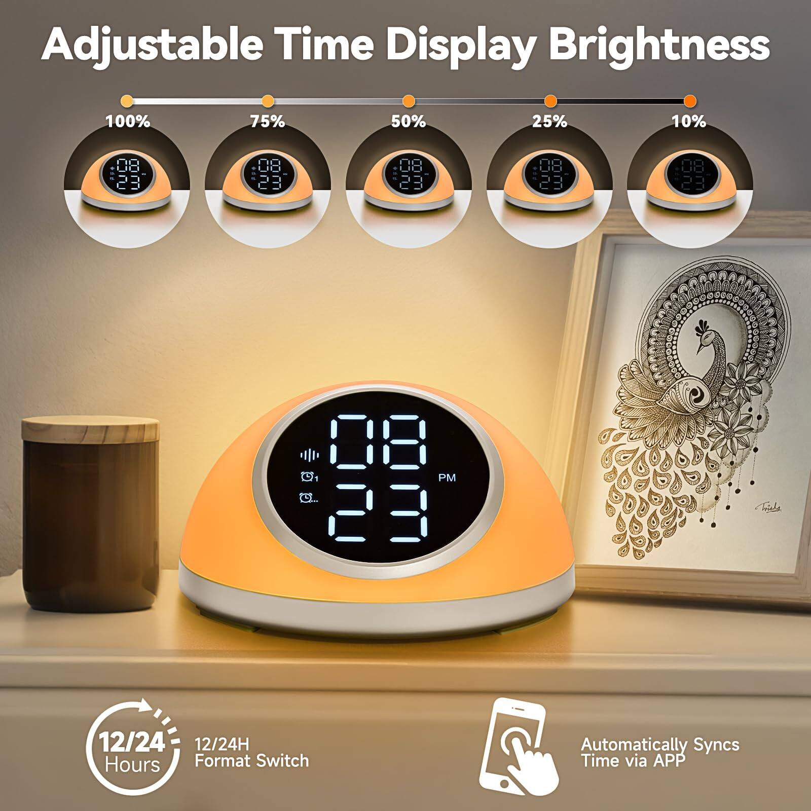 Adjustable Time Display Brightness

100% 75% 50% 25% 10%

12/24 Hours Format Switch

Automatically Syncs Time via APP