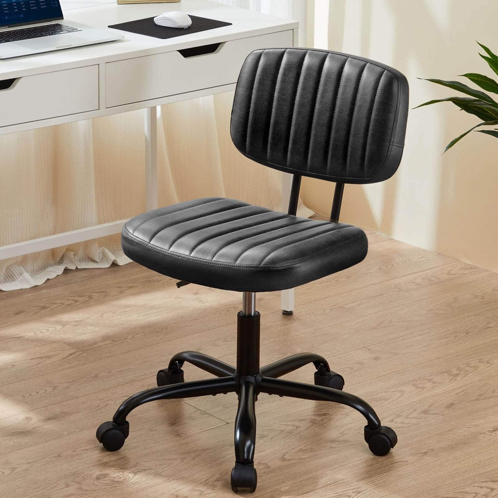 PexFix - Small Office Chair with Wheels, Low Back Armless Desk Chair for Bedroom & Vanity, Height Adjustable Swivel Task Chair - Black