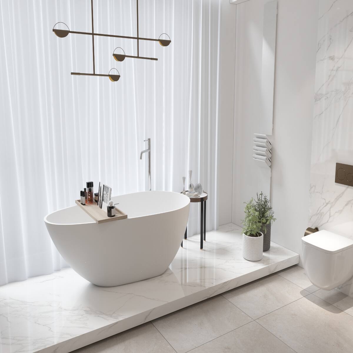 Alt View 1. Loheer - Loheer 59 in Freestanding Stone Resin Soaking Bathtub in Matte White with Center Drain and Overflow - Matte White.