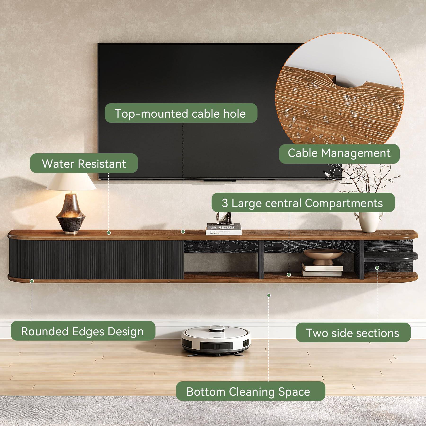 Top-mounted cable hole  
Water Resistant  
Cable Management  
3 Large central Compartments  
Rounded Edges Design  
Two side sections  
Bottom Cleaning Space