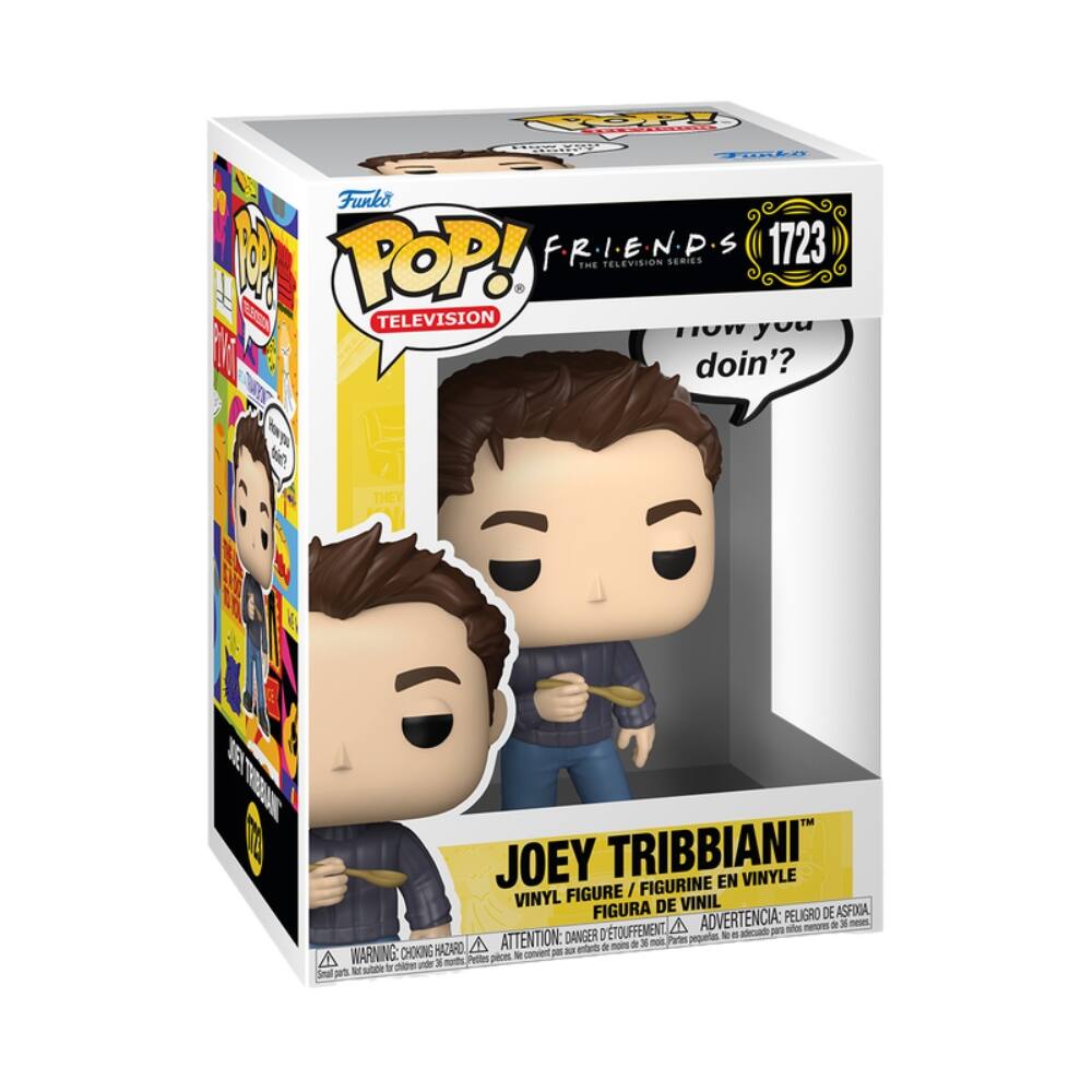 Sure, here is the corrected and grouped text from the image:

---

**Funko POP! TELEVISION**

**FRIENDS**  
THE TELEVISION SERIES

**1723**

**How you doin'?**

**JOEY TRIBBIANI**  
VINYL FIGURE / FIGURINE EN VINYLE / FIGURA DE VINIL

**WARNING: CHOKING HAZARD**  
ATTENTION: DANGER DE SOUFFLEMENT  
ADVERTENCIA: PELIGRO DE ASFIXIA  
Small parts. Not for children under 3 years.  
Pequeñas piezas. No es adecuado para niños menores de 3 años.

---

This text is organized as it appears on the packaging.