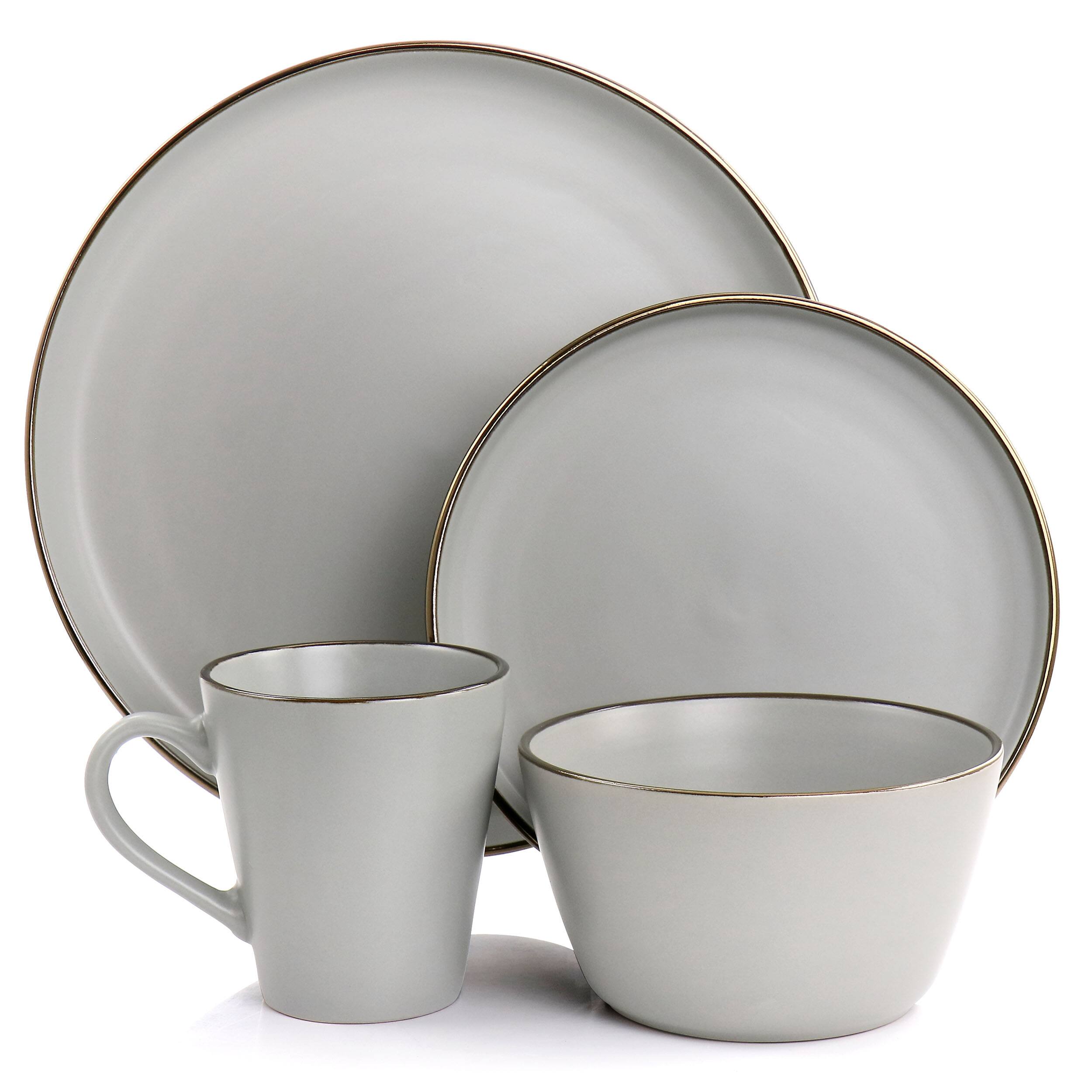 Alt View 1. Elama - Elama Louis 16 Piece Stoneware Dinnerware Set in Matte Slate with Gold Rim - Slate and Gold.