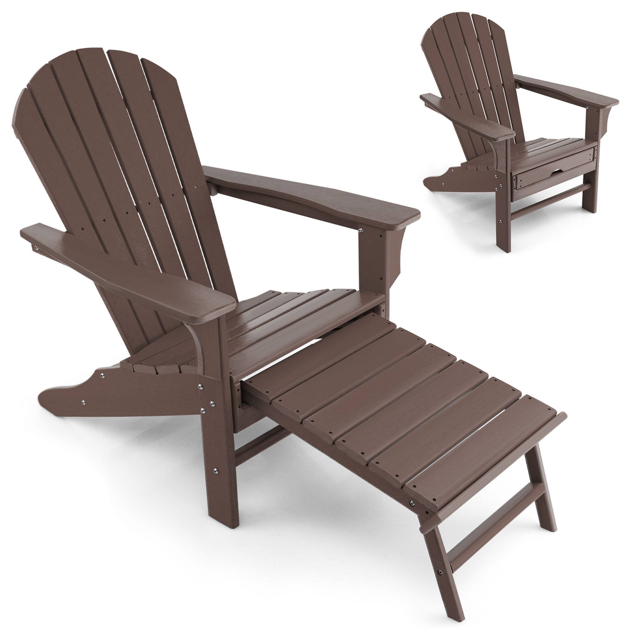Alt View 1. Gymax - Gymax Patio Adirondack Chair HDPE Outdoor Lounge Chair w/ Retractable Ottoman Coffee - Coffee.