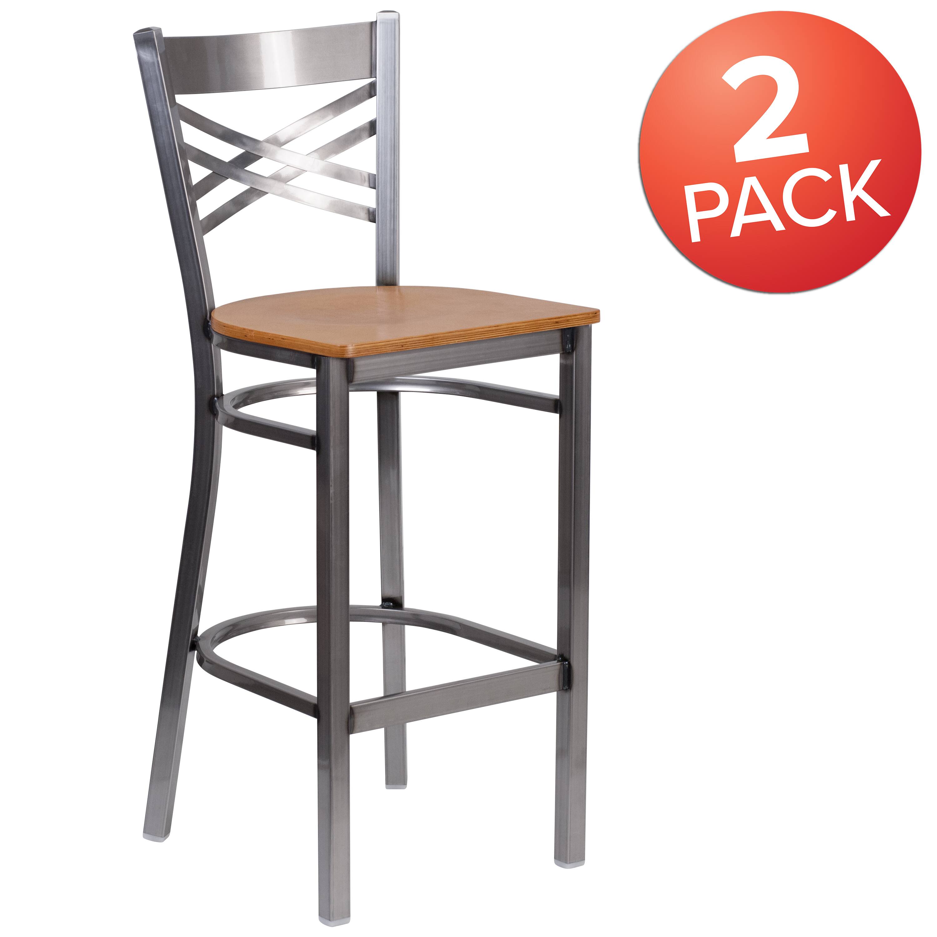 Alt View 1. Emma + Oliver - 2 Pack Clear Coated "X" Back Metal Restaurant Barstool - Natural Wood Seat/Clear Coated Metal Frame.