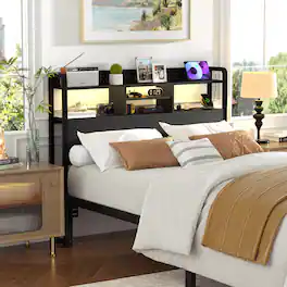 Aheaplus - Full Headboard Only, Full Size Headboard with Charging Station, RGB LED Light, and Bookcase Storage - Black
