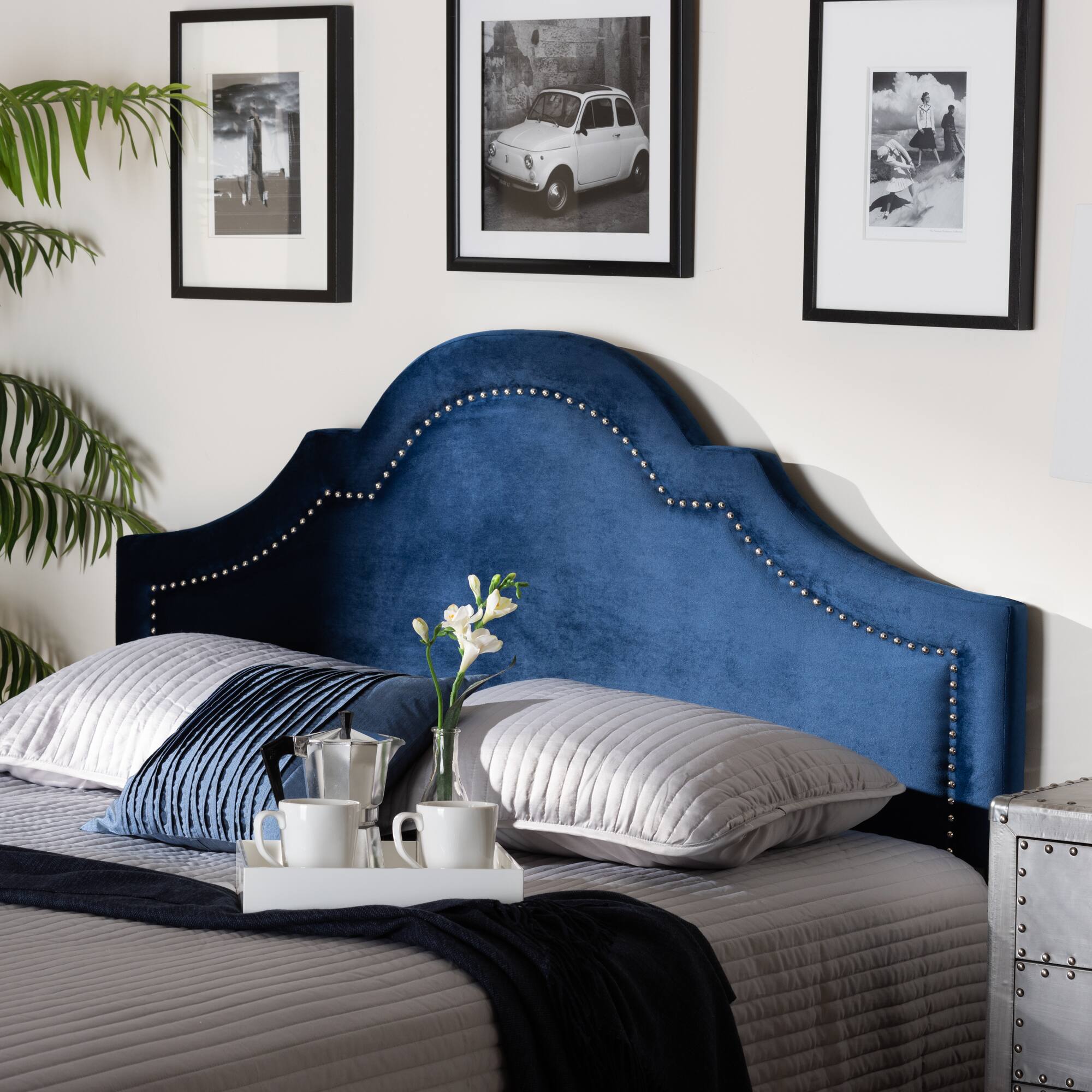 Back. Baxton Studio - Rita Modern and Contemporary Velvet Fabric Upholstered Full Size Headboard - Royal Blue.