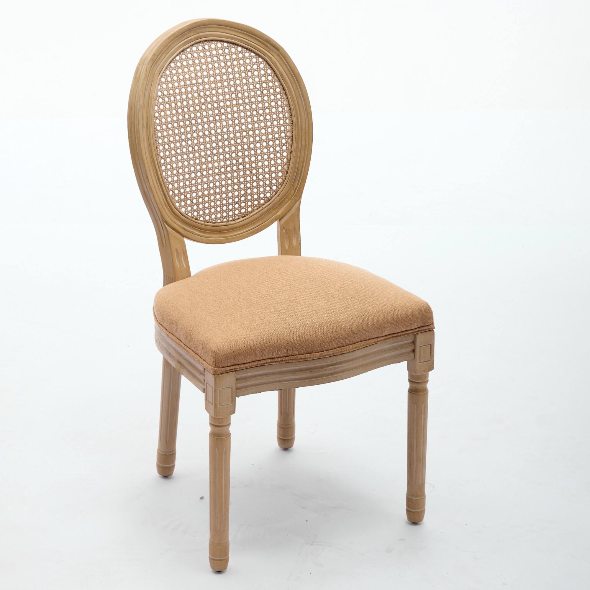 Back. GOODSILO - French Style Solid Wood Dining Chairs with Linen Upholstery and Rattan Backrest, Set of 2 - Tan.