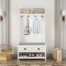 FUFU&GAGA - Multi Functional Entryway Storage Cabinet Shoe Bench with Coat Rack Shelves and Hooks for Organized Hallway - White