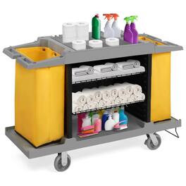 Winado - Janitorial Cart Cleaning Cart Housekeeping Cart with Adjustable Shelves, Vacuum Bracket & Locking Casters for Hotel Home - Grey & Yellow