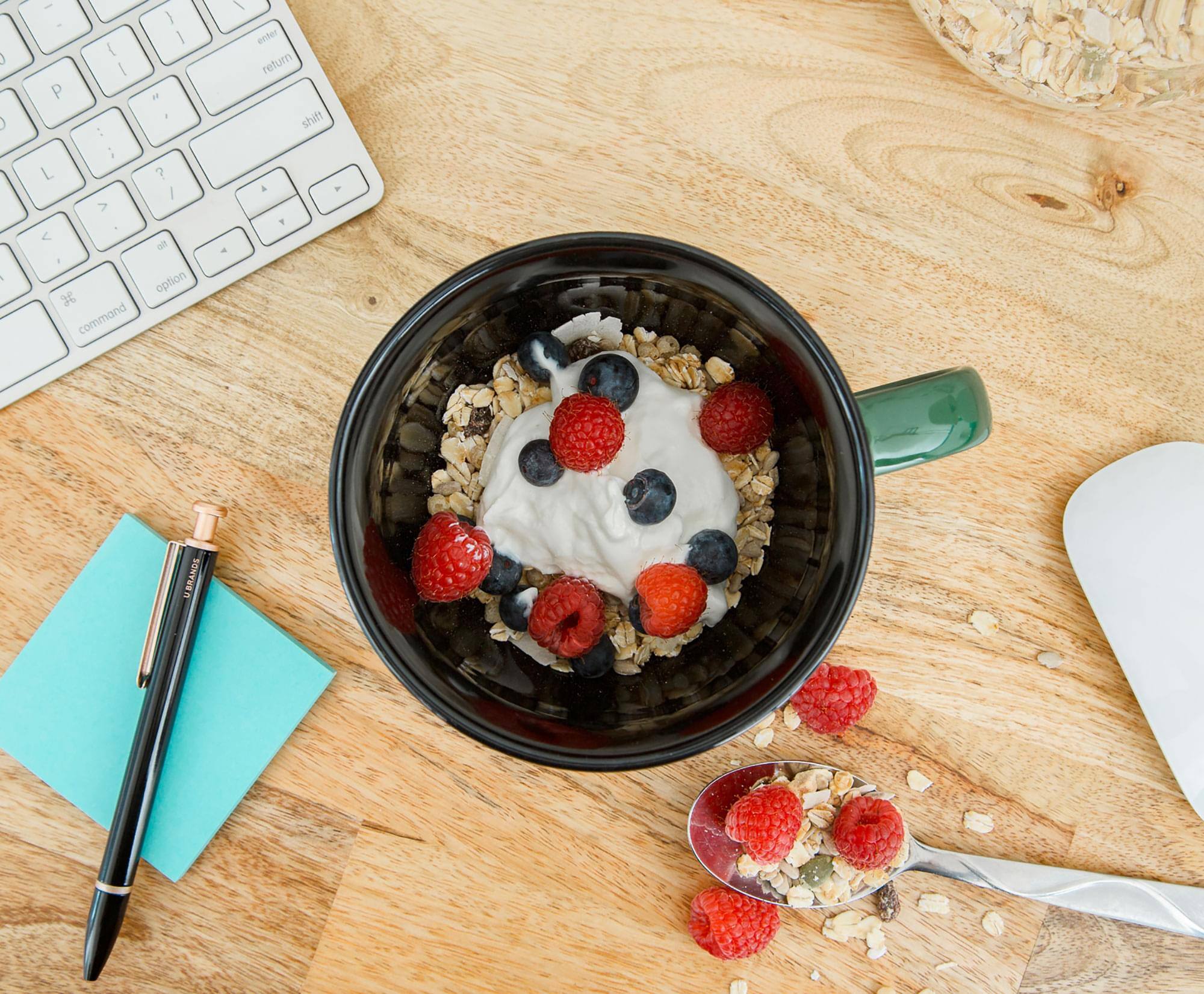 Here is the corrected and grouped text from the image:

- Keyboard keys: "return", "shift", "command", "option"
- Text on the pen: "LAMY"
- Text on the bowl: "U.BRANDS"