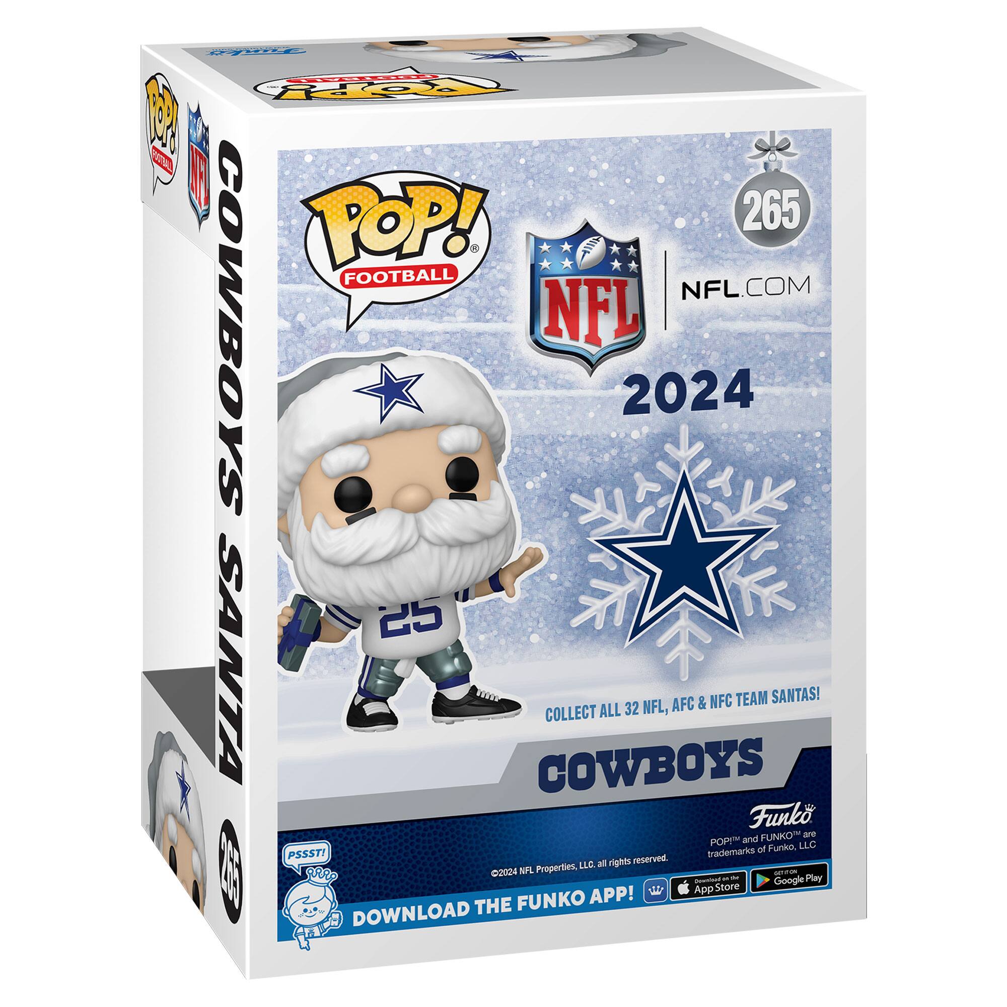 Sure, here is the corrected and grouped text from the image:

---

**Front:**
- POP! FOOTBALL
- NFL 2024
- NFL.COM
- 265
- COLLECT ALL 32 NFL, AFC & NFC TEAM SANTAS!
- COWBOYS
- DOWNLOAD THE FUNKO APP!
- PSSST! (with a small Santa figure)
- ©2024 NFL Properties, LLC. All rights reserved. POP! and FUNKO are trademarks of Funko, LLC.

**Side:**
- COWBOYS SANTA
- 265

**Bottom:**
- Funko
- POP! and FUNKO are trademarks of Funko, LLC.
- ©2024 NFL Properties, LLC. All rights reserved.

**Top:**
- POP! FOOTBALL
- NFL

---
