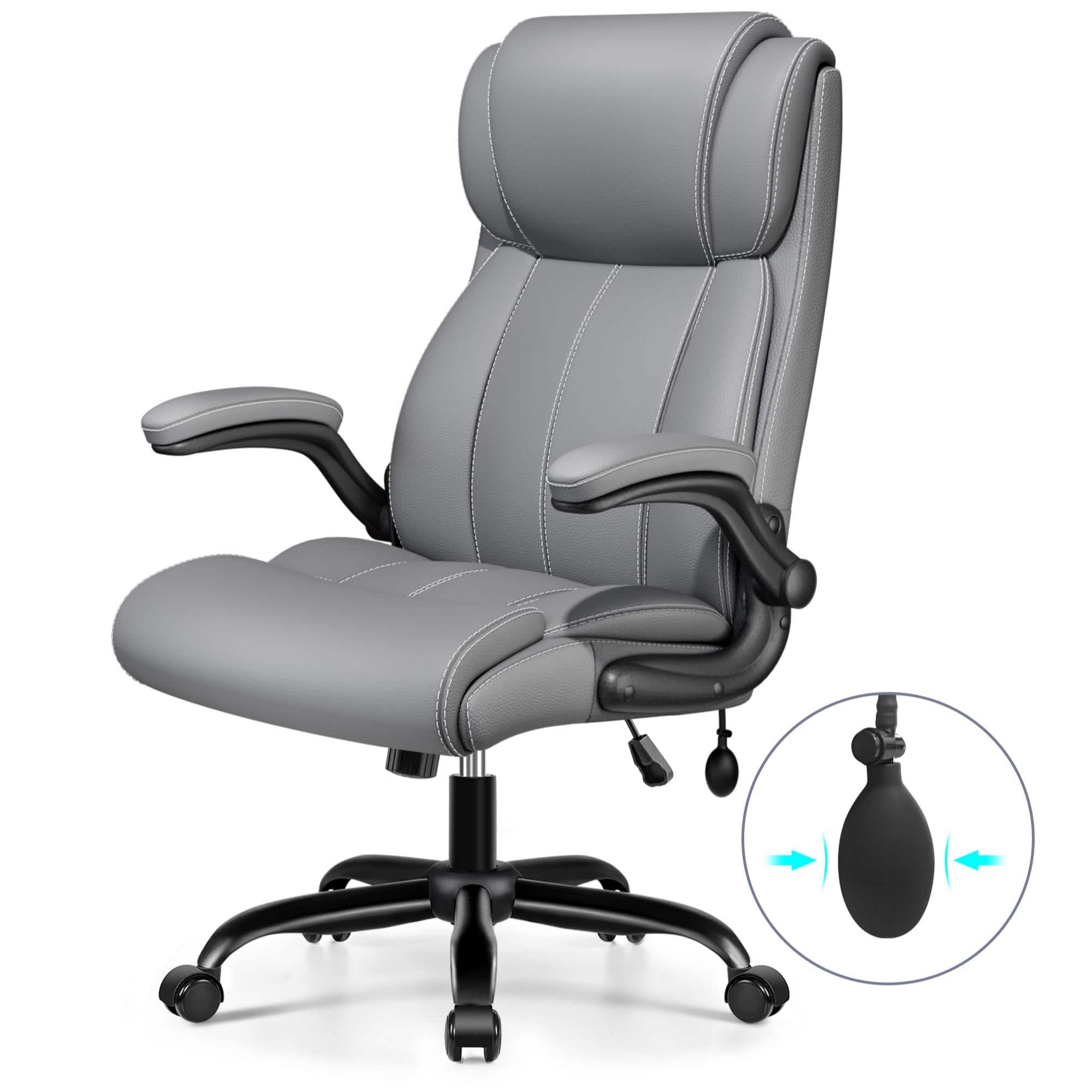 KERDOM - Ergonomic Office Chair - Desk Computer Chair, PU Leather High Back Executive Chair, Inflatable Lumbar Support, Wide Seat - Gray
