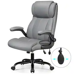 KERDOM - Ergonomic Office Chair - Desk Computer Chair, PU Leather High Back Executive Chair, Inflatable Lumbar Support, Wide Seat - Gray