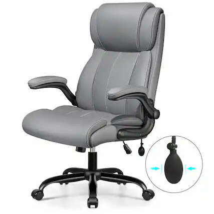 Front. KERDOM - Ergonomic Office Chair - Desk Computer Chair, PU Leather High Back Executive Chair, Inflatable Lumbar Support, Wide Seat - Grey.