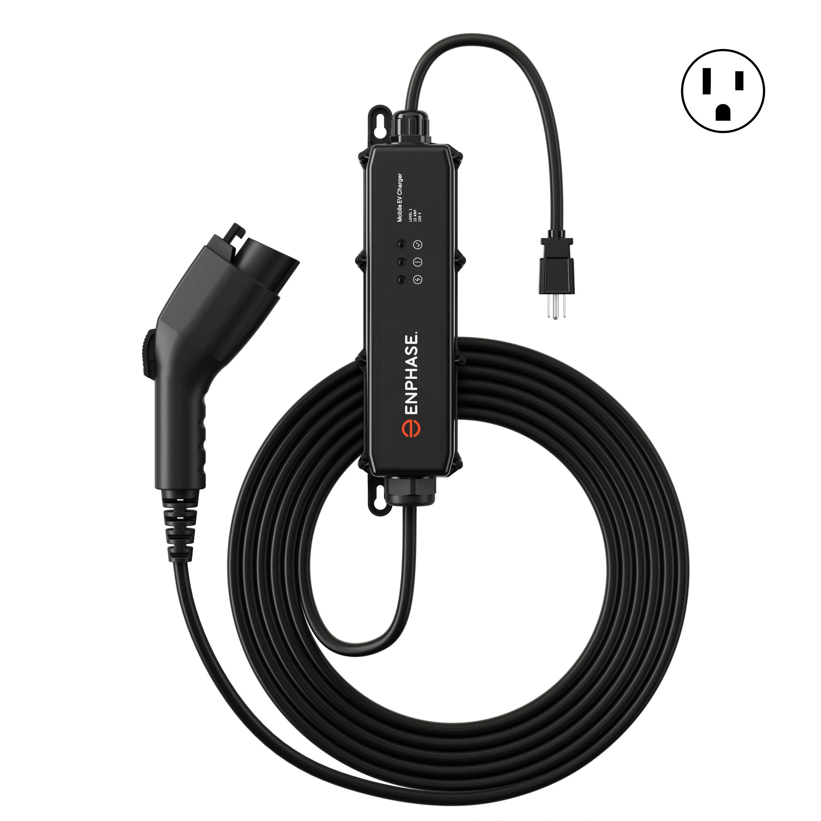 Front. Enphase - Enphase Mobile EV Charger, 12 A, Safety Certified, Indoor/Outdoor, 25ft Rugged Cable, 120V, NEMA 5-15 Plug.