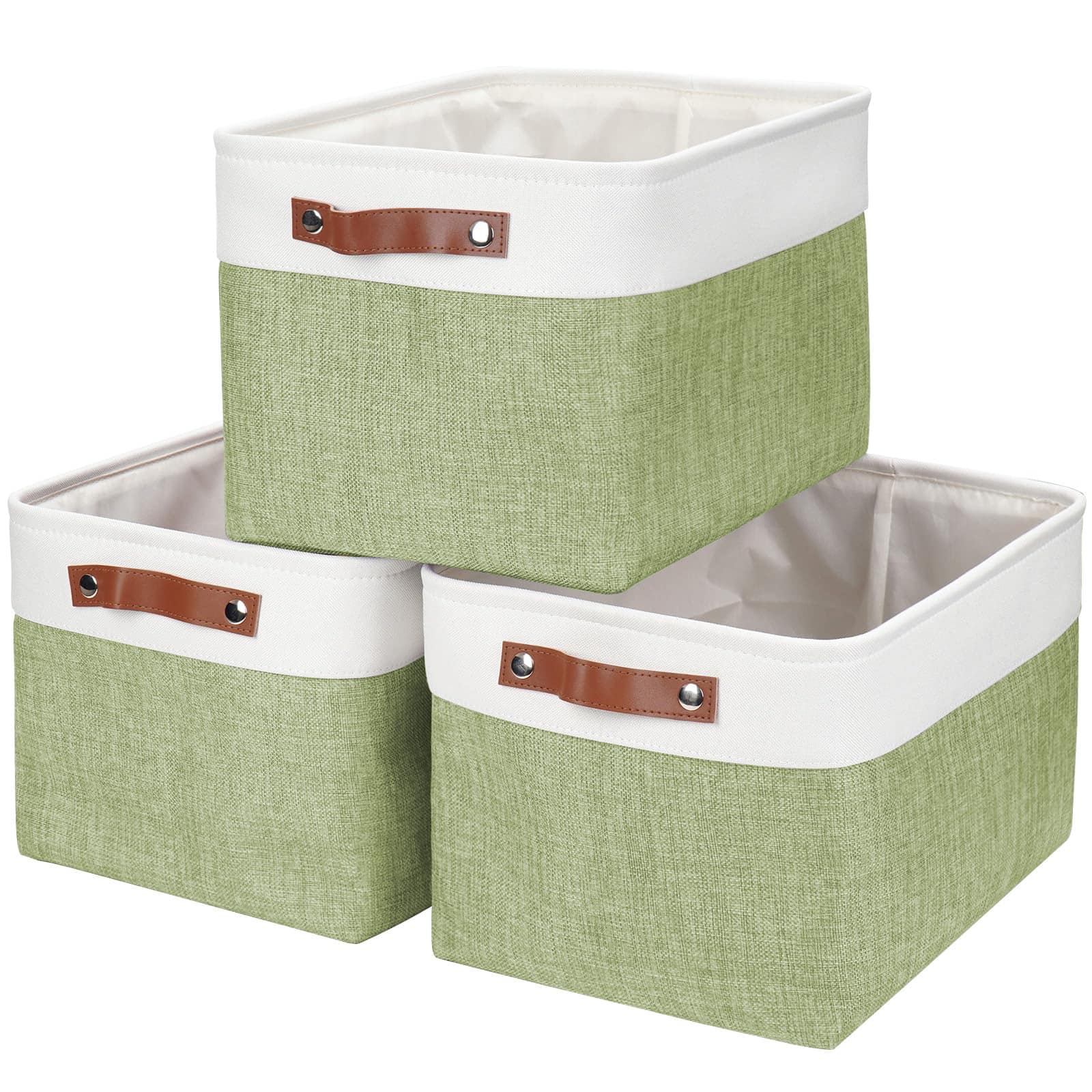 Dapper Styles - Storage Bins Fabric Baskets For Shelves Decorative Linen Closet With Handles Organizing Shelf Clothes Home - Green / Off-White-Cube - 13"x13"x13"