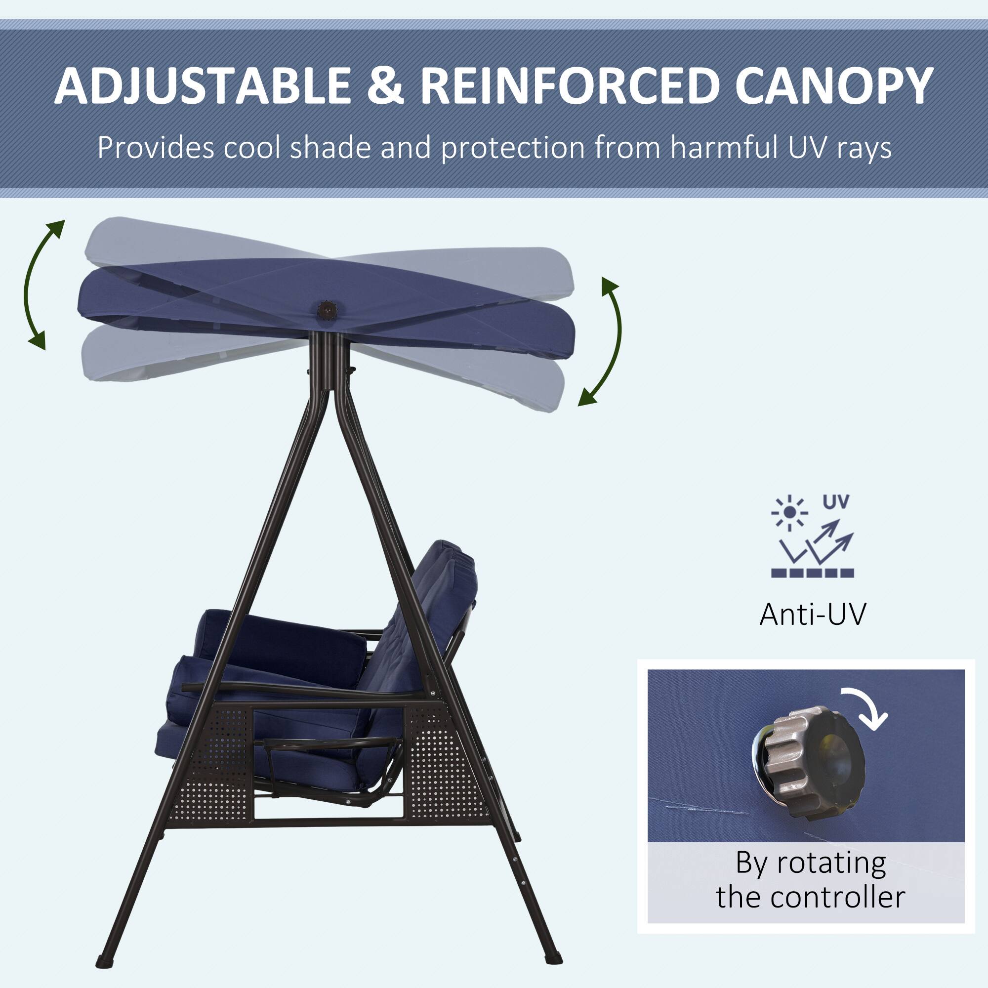 ADJUSTABLE & REINFORCED CANOPY  
Provides cool shade and protection from harmful UV rays  

Anti-UV  
By rotating the controller