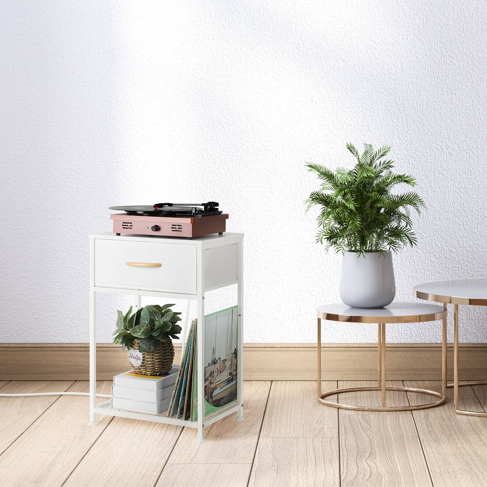 Alt View 1. Oumilen - Set of 2 End Tables with Fabric Drawer, Mesh Shelf & Charging Station, White - White.