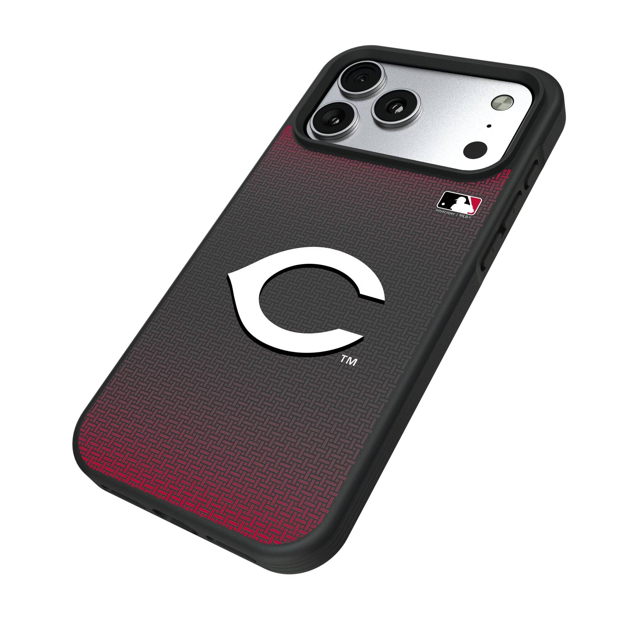 Alt View 1. Keyscaper - Cincinnati Reds Linen Logo iPhone Bump Case - 16 Plus - Black.