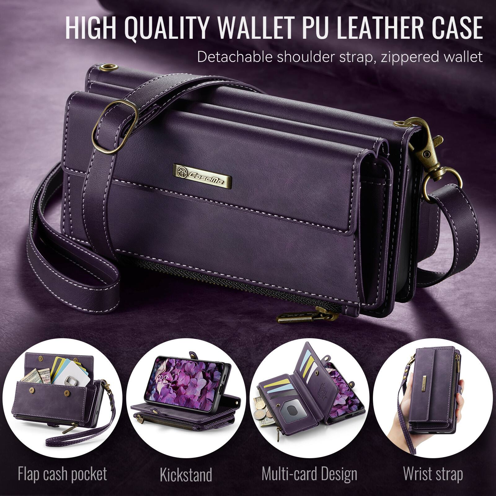 HIGH QUALITY WALLET PU LEATHER CASE  
Detachable shoulder strap, zippered wallet  

CaseMe  

Flap cash pocket  
Kickstand  
Multi-card Design  
Wrist strap