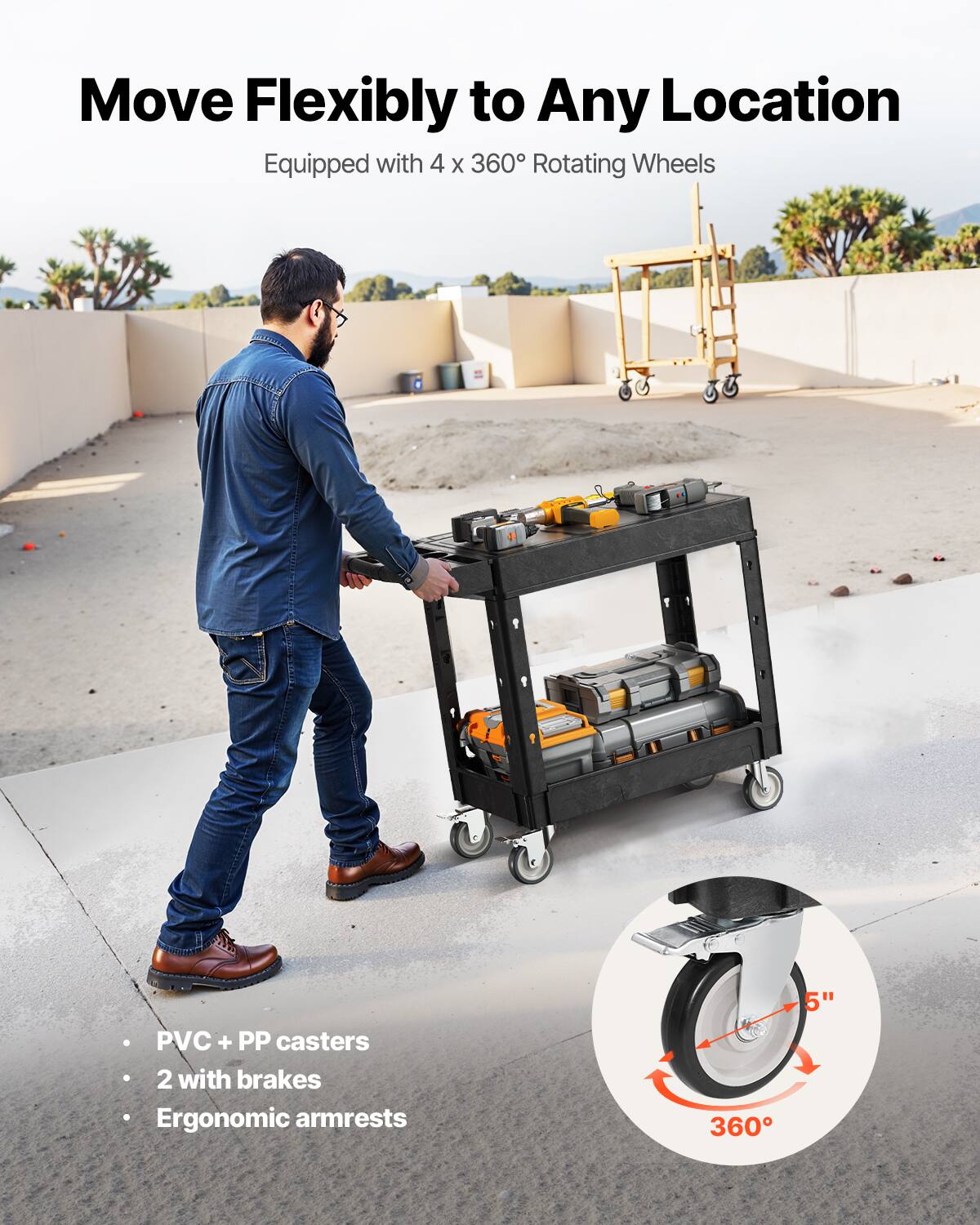 Move Flexibly to Any Location, Equipped with 4 x 360° Rotating Wheels, PVC + PP casters, 2 with brakes, Ergonomic armrests, 360° 5"