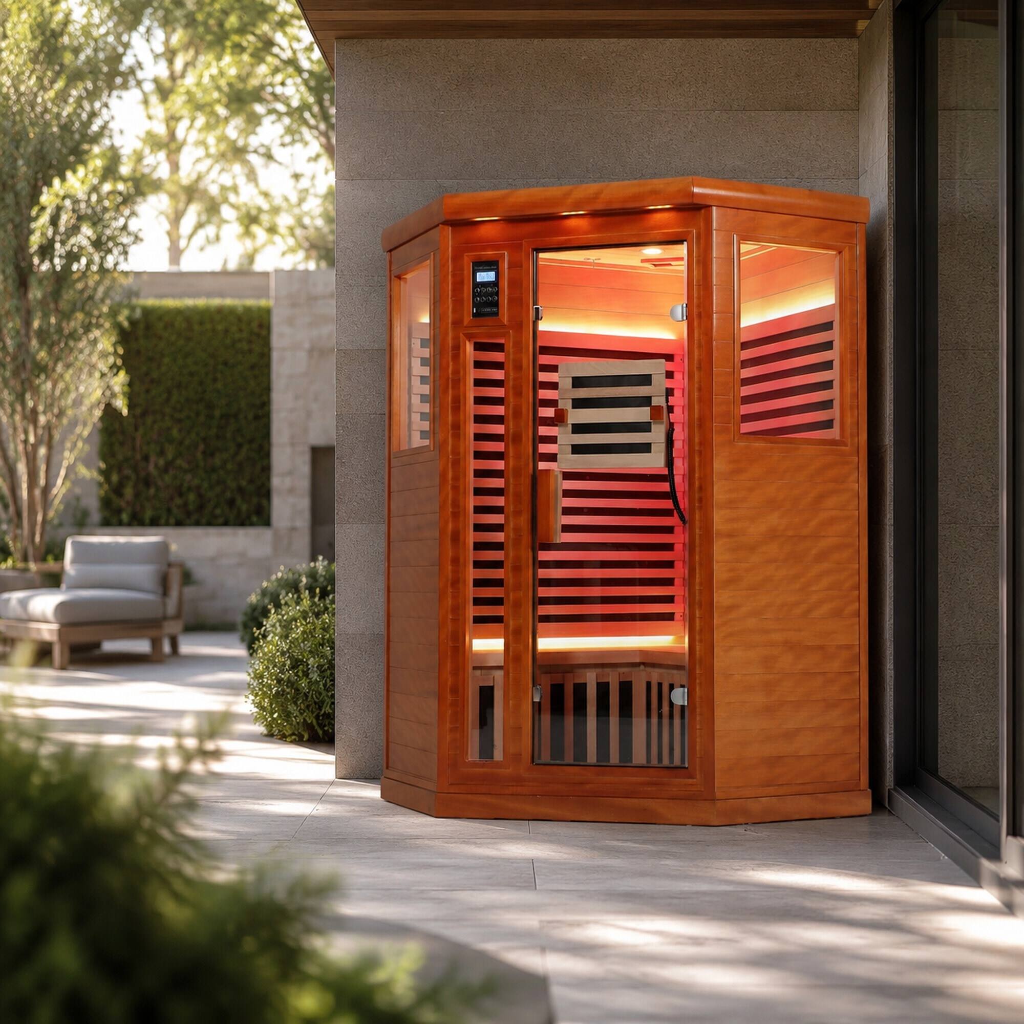 Angle. RYHNUYNE - Two-Person Far Infrared Corner Sauna, Low EMF, Okoume Wood, LCD Touch Control, 2190W - Natural.