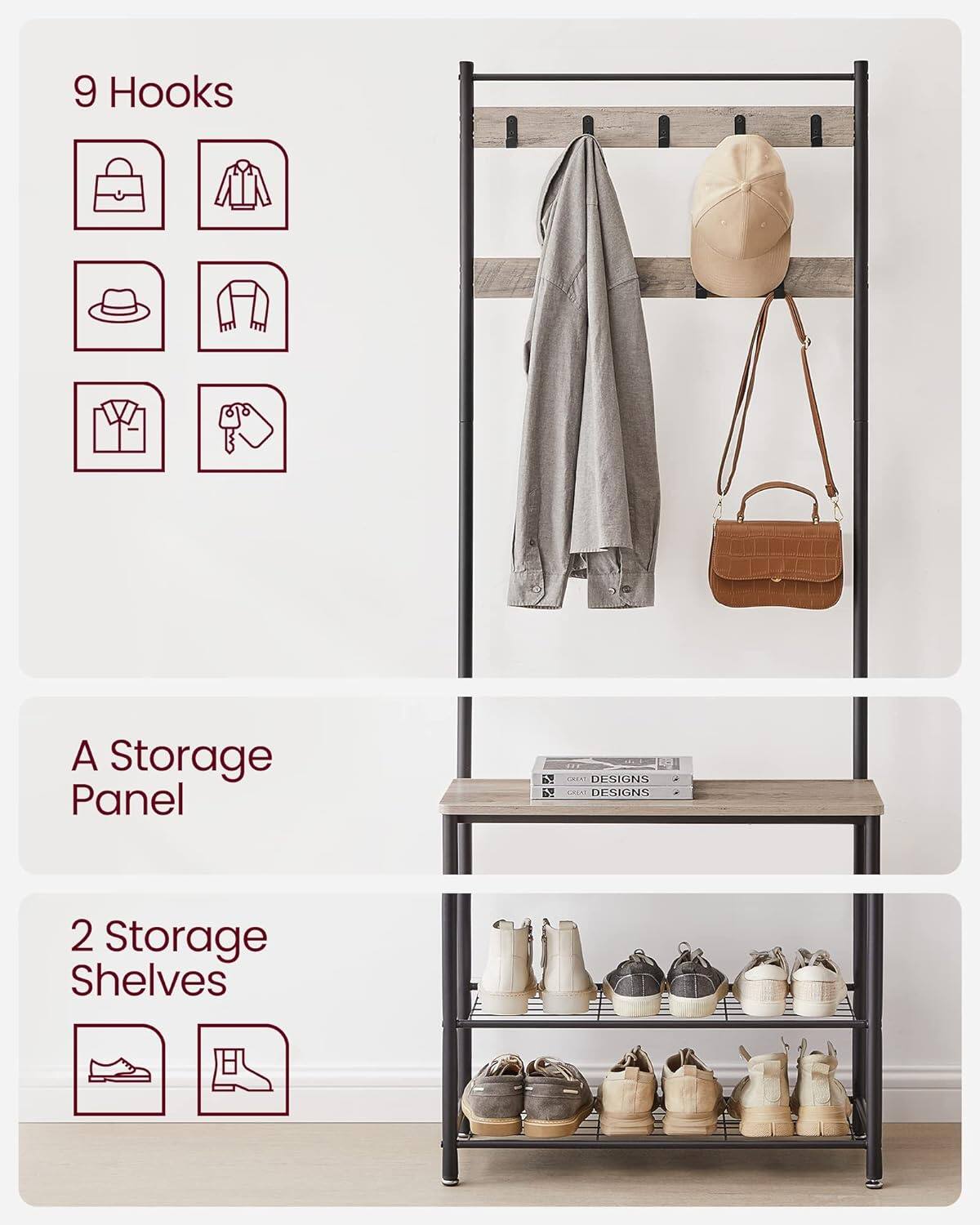 9 Hooks  
A Storage Panel  
2 Storage Shelves  

HINT DESIGNS  
HINT DESIGNS