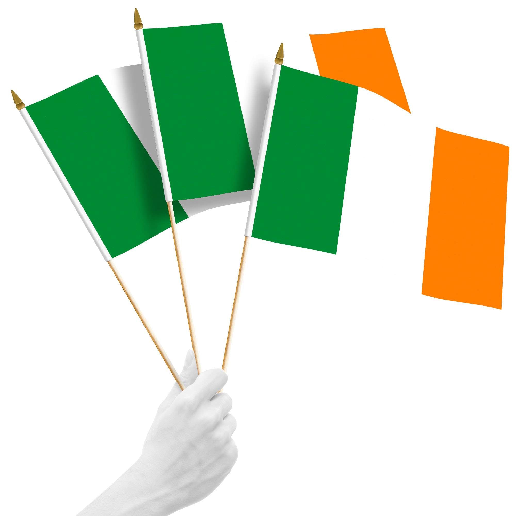 Front. G128 - Handheld Ireland Stick Flags 12x18 Inch Printed 150D Polyester 10 Pack - Green, White, Orange.