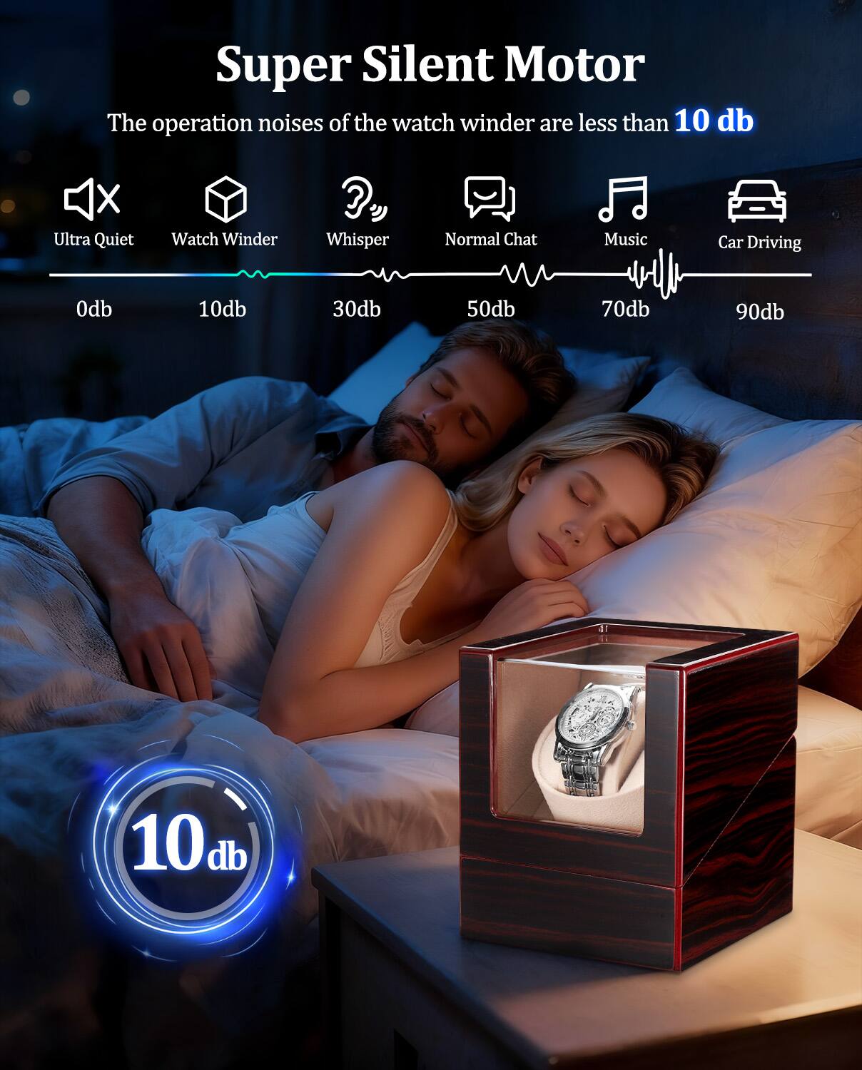 Super Silent Motor  
The operation noises of the watch winder are less than 10 db  

Ultra Quiet Watch Winder  
Whisper  
Normal Chat  
Music  
Car Driving  

0db 10db 30db 50db 70db 90db  

10db