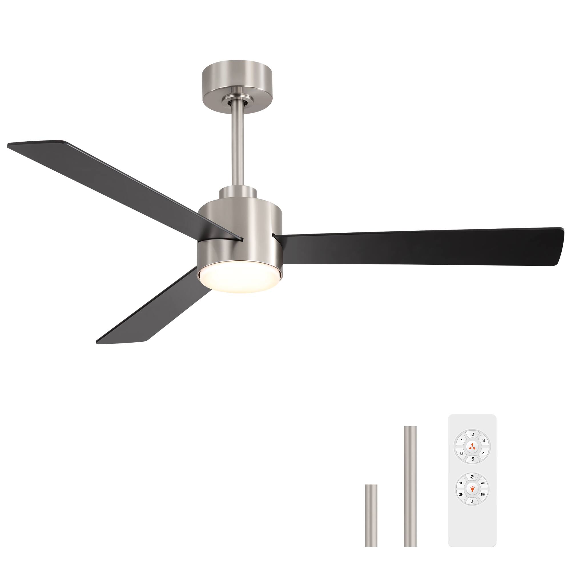 Angle. Breezary - 52" Indoor Ceiling Fan, 3 Plywood Blades, 6-Speed DC Motor, Remote & Timer, 5" & 10" Downrods, LED Light/No Light Option - Satin Nickel and Black(With Light).