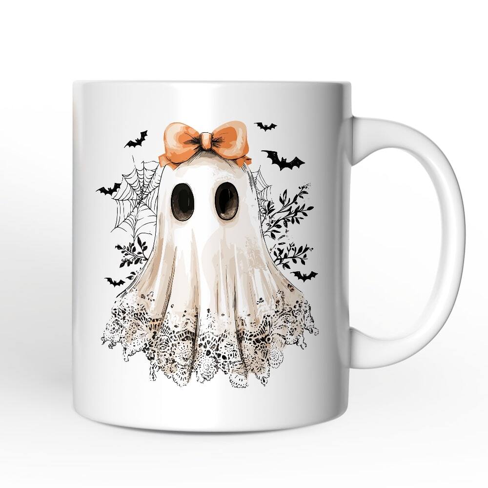 OrnamentallyYou - Coquette Ghost Mug, Cute Halloween Gift - White