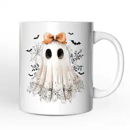 OrnamentallyYou - Coquette Ghost Mug, Cute Halloween Gift - White