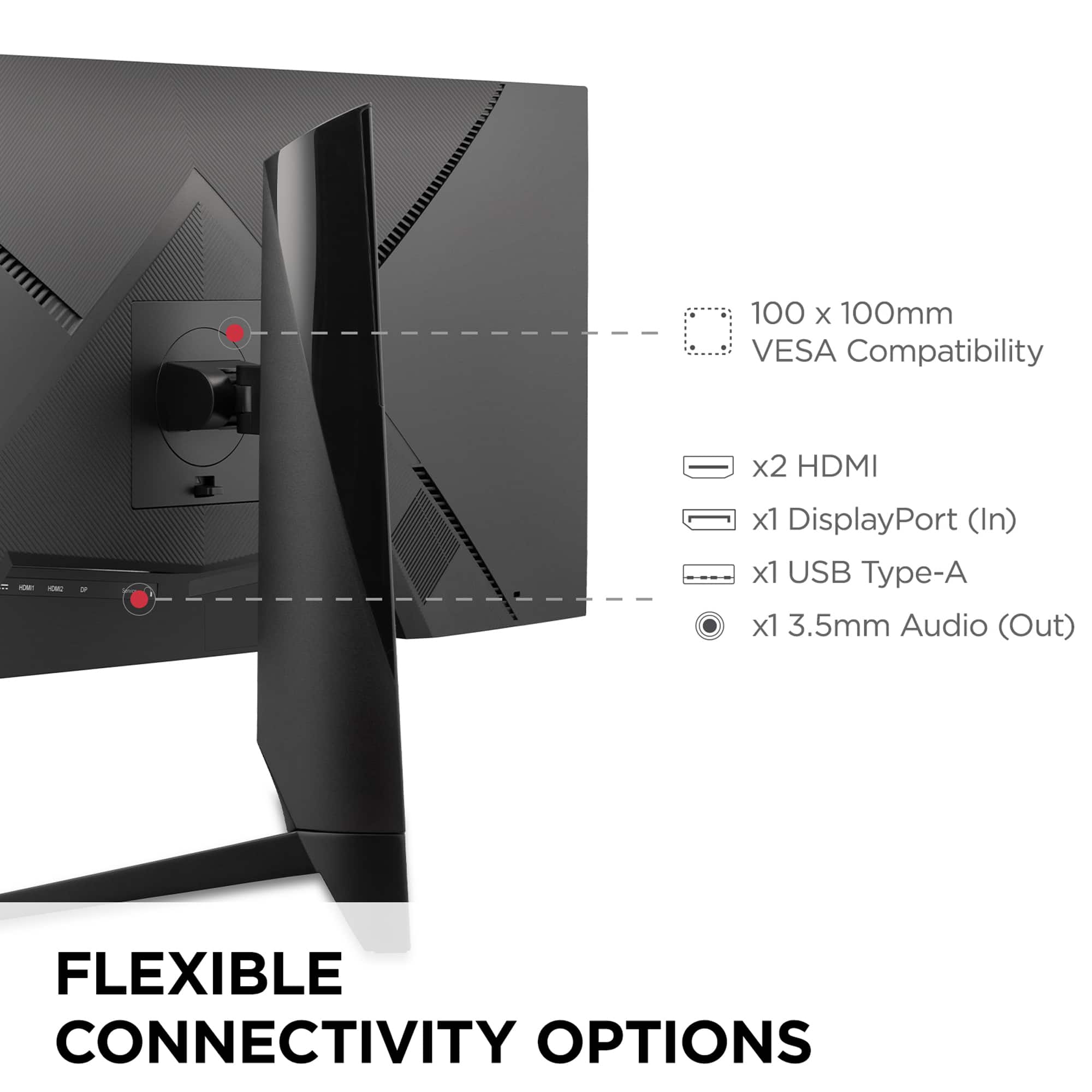 The text on the image reads: "100 x 100mm VESA Compatibility x2 HDMI - x1 DisplayPort (In) x1 USB Type-A x1 3.5mm Audio (Out) FLEXIBLE CONNECTIVITY OPTIONS."