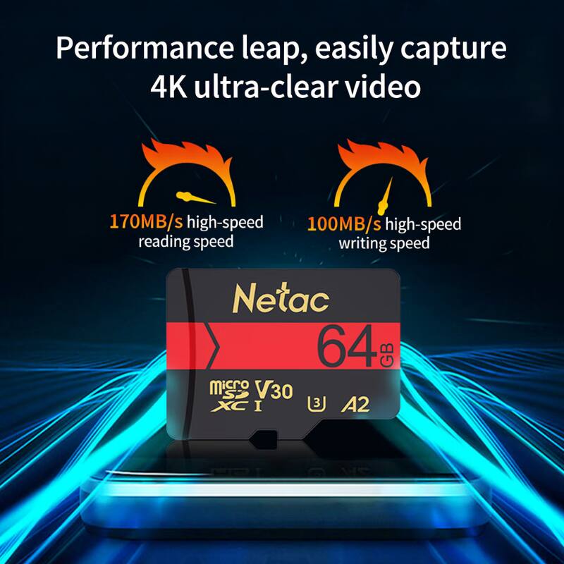 Performance leap, easily capture 4K ultra-clear video  
170MB/s high-speed reading speed  
100MB/s high-speed writing speed  
Netac 64GB  
microSD V30 XC I  
A2