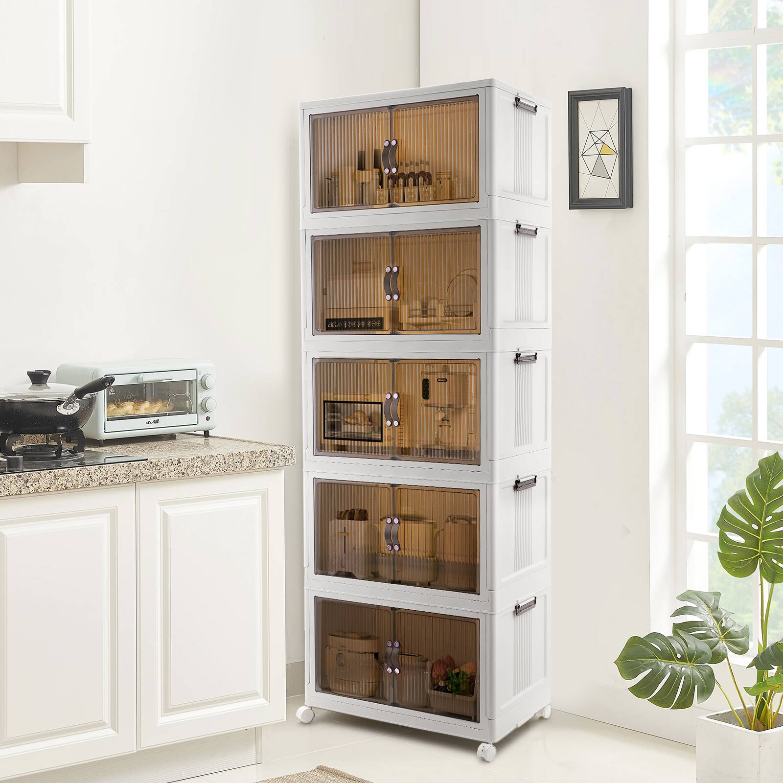 Alt View 4. Malletson - Tall Narrow Storage Cabinet with Doors, Wardrobe Organizer for Clothes With Wheels, Toys, Pantry Food Storage, Kitchen - White.