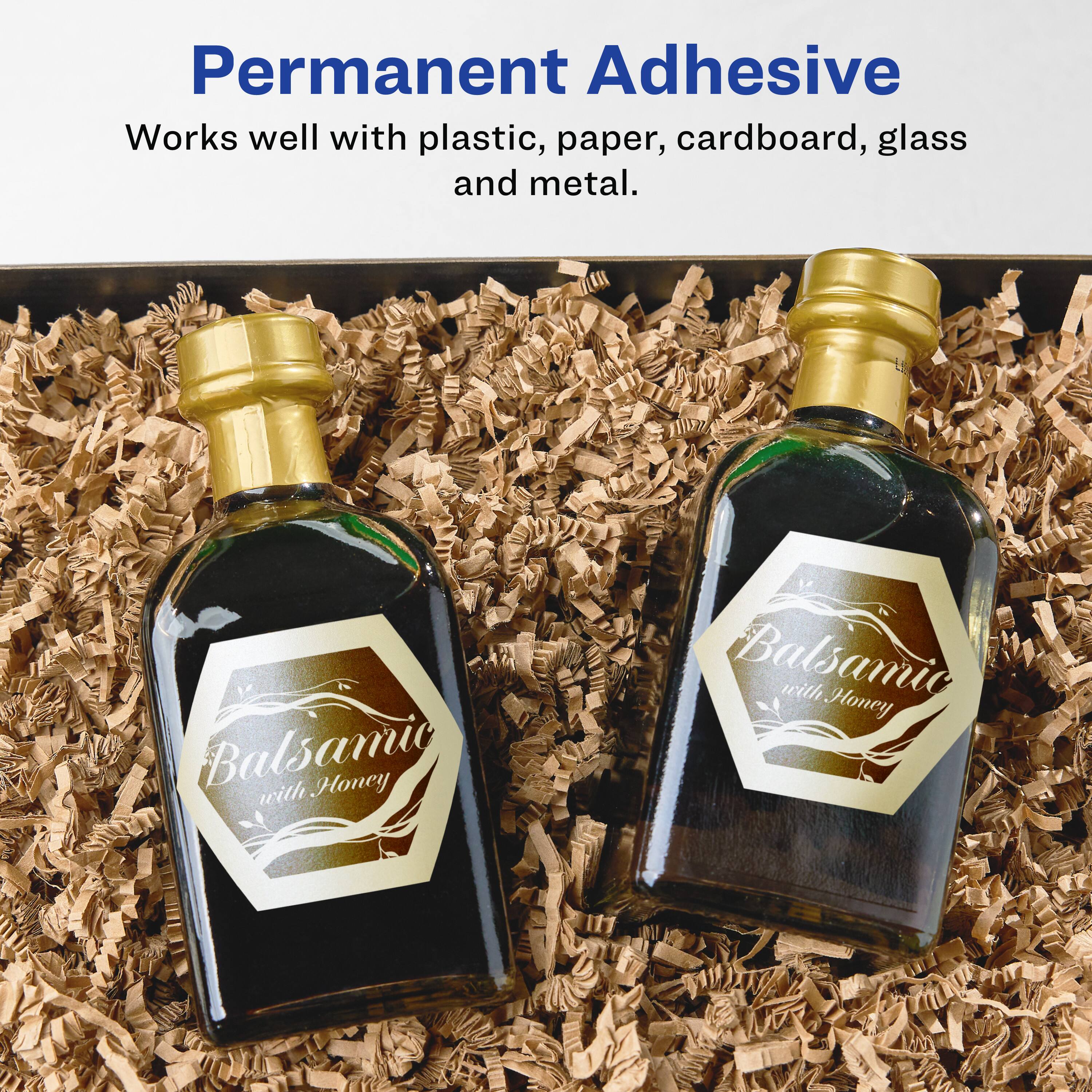 Permanent Adhesive  
Works well with plastic, paper, cardboard, glass and metal.  

Balsamic with Honey