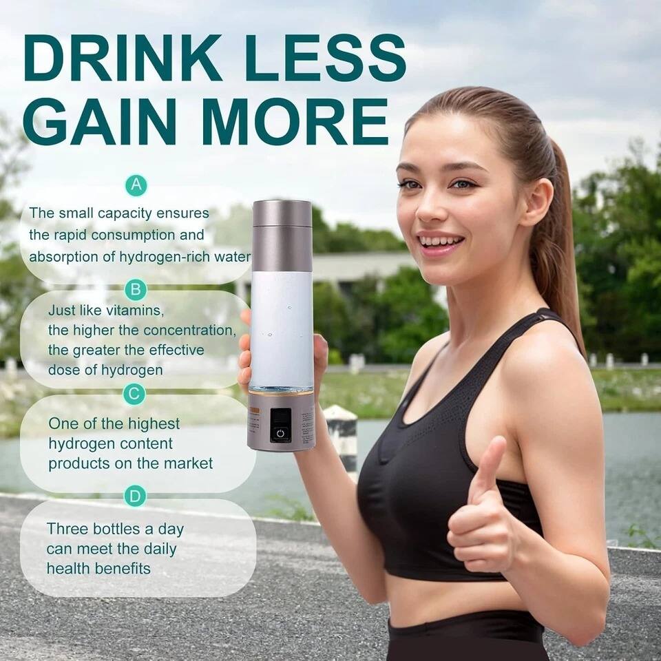 DRINK LESS GAIN MORE

A. The small capacity ensures the rapid consumption and absorption of hydrogen-rich water.

B. Just like vitamins, the higher the concentration, the greater the effective dose of hydrogen.

C. One of the highest hydrogen content products on the market.

D. Three bottles a day can meet the daily health benefits.