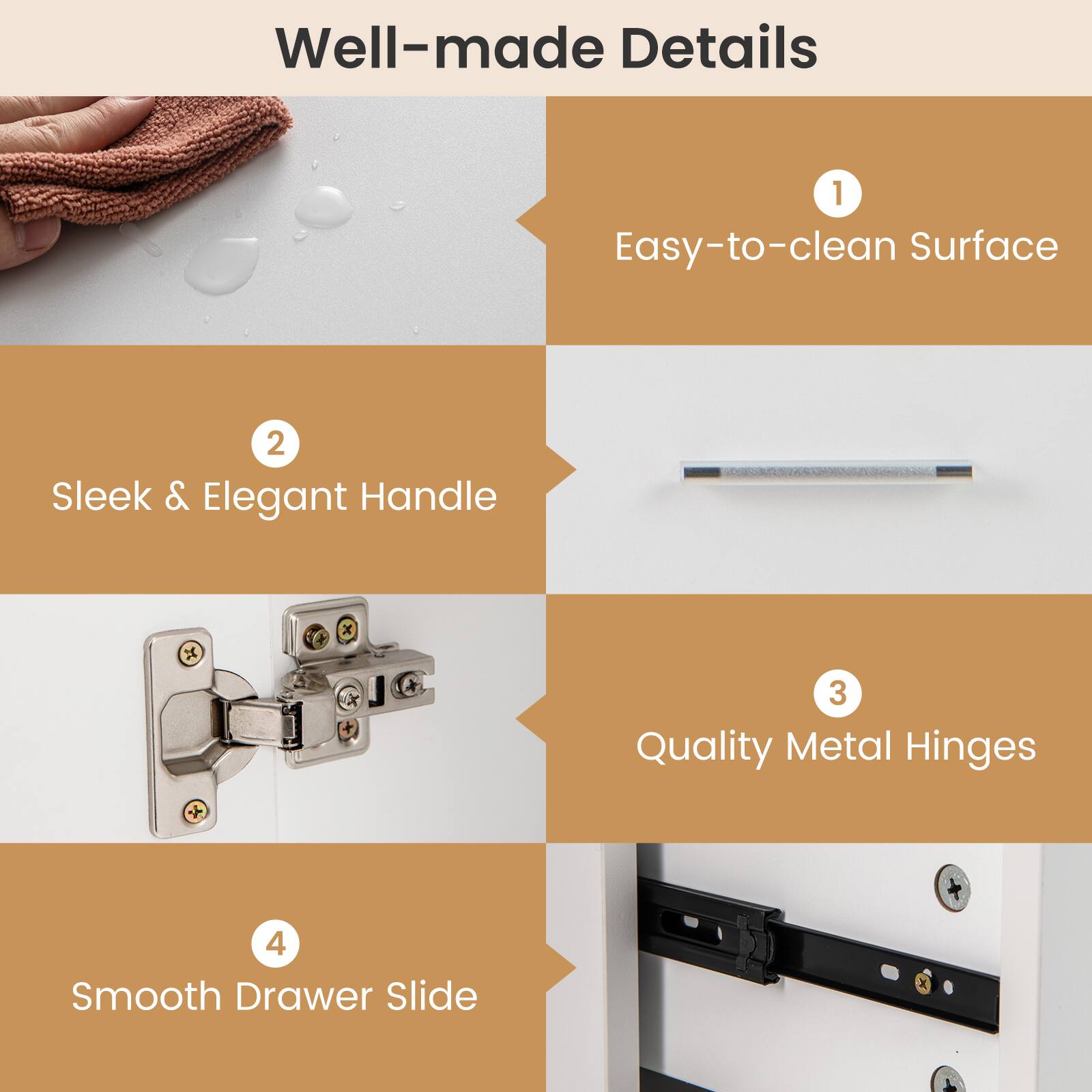 Well-made Details

1. Easy-to-clean Surface
2. Sleek & Elegant Handle
3. Quality Metal Hinges
4. Smooth Drawer Slide