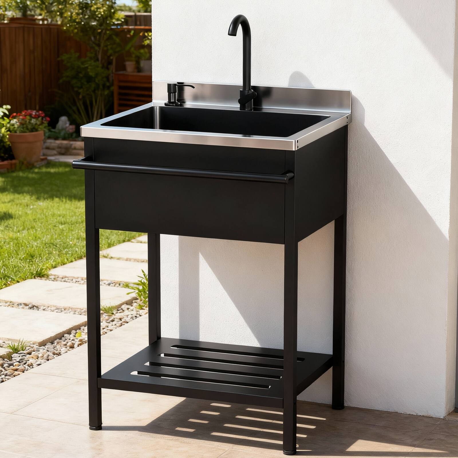 Alt View 4. Winado - Freestanding Sink with Side Towel Rack and Lower Shelf for Restaurant & Commercial Kitchen and Pet Grooming and Washing - Black & Silver.