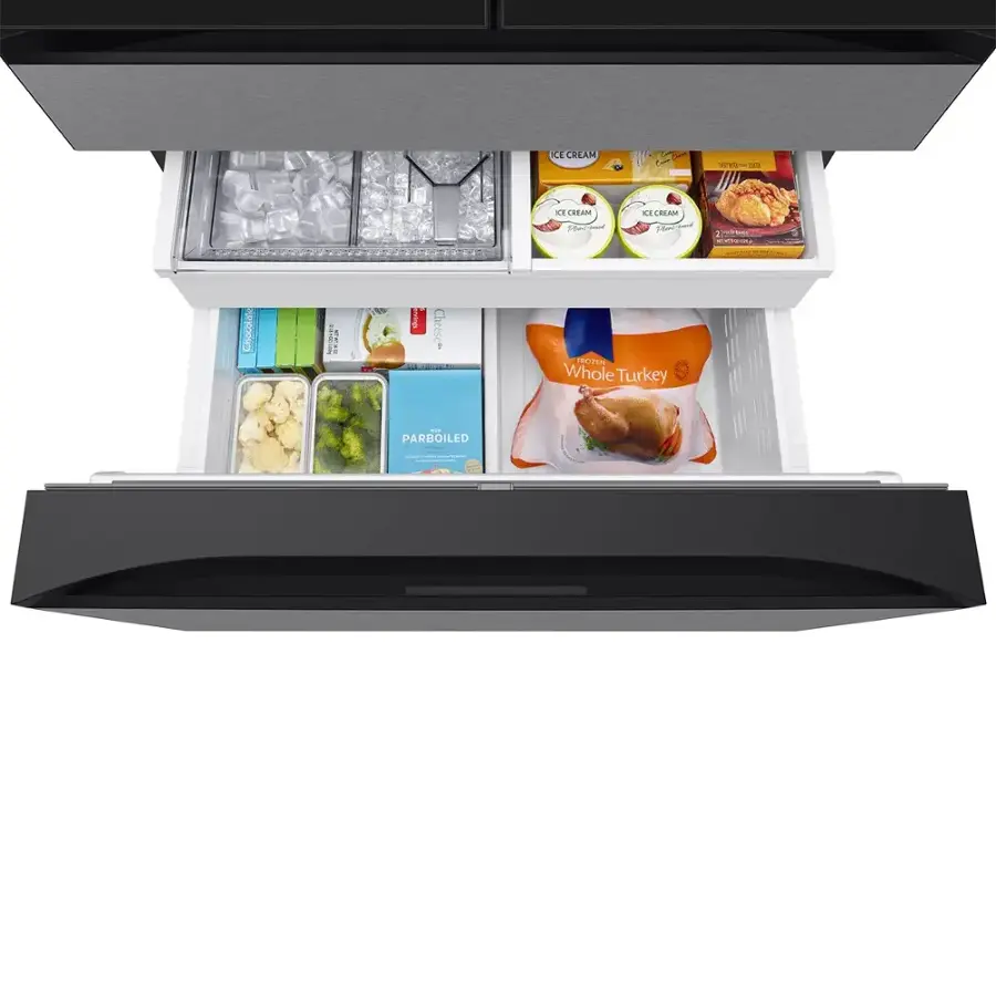 The image shows an open refrigerator with various food items inside. There are two containers of ice cream, one located in the top left section and the other in the top right section. In the middle section, there are two containers of cheese. Additionally, there are two containers of chocolate, one in the top left and the other in the top right section. The refrigerator also contains a whole turkey, which is placed in the middle-right section.